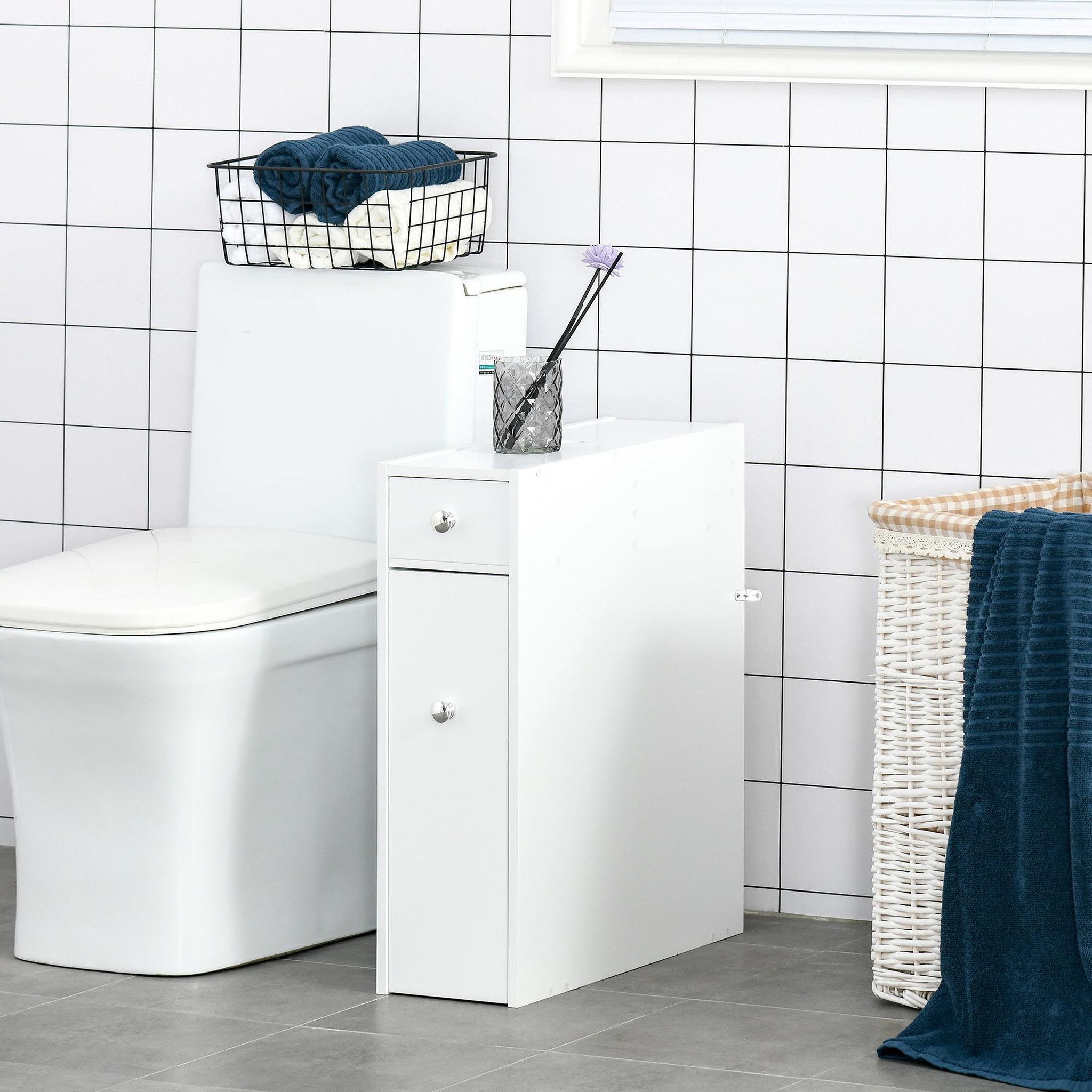 Voir la diapositive 2 : HOMCOM Support papier toilette - porte-papier toilette - armoire pour papier toilette - 2 tiroirs, coffre - mdf blanc
