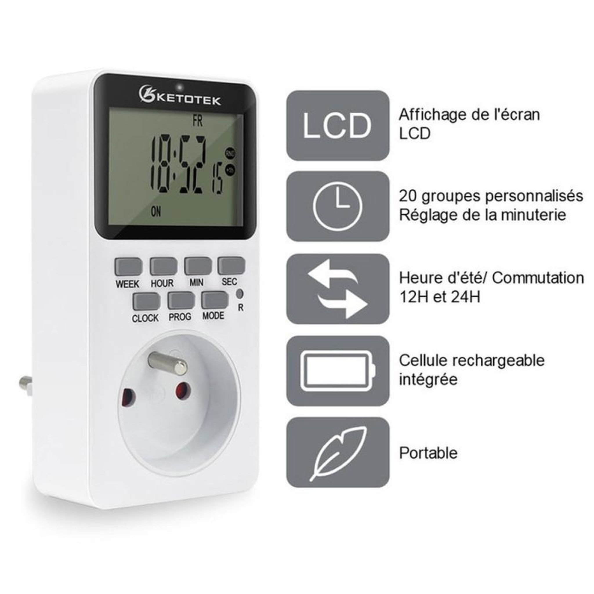 Voir la diapositive 2 : Prise minuterie numérique programmable LCD 20 programmes, 16A 3600W, mode aléatoire antivol, 12/24h
