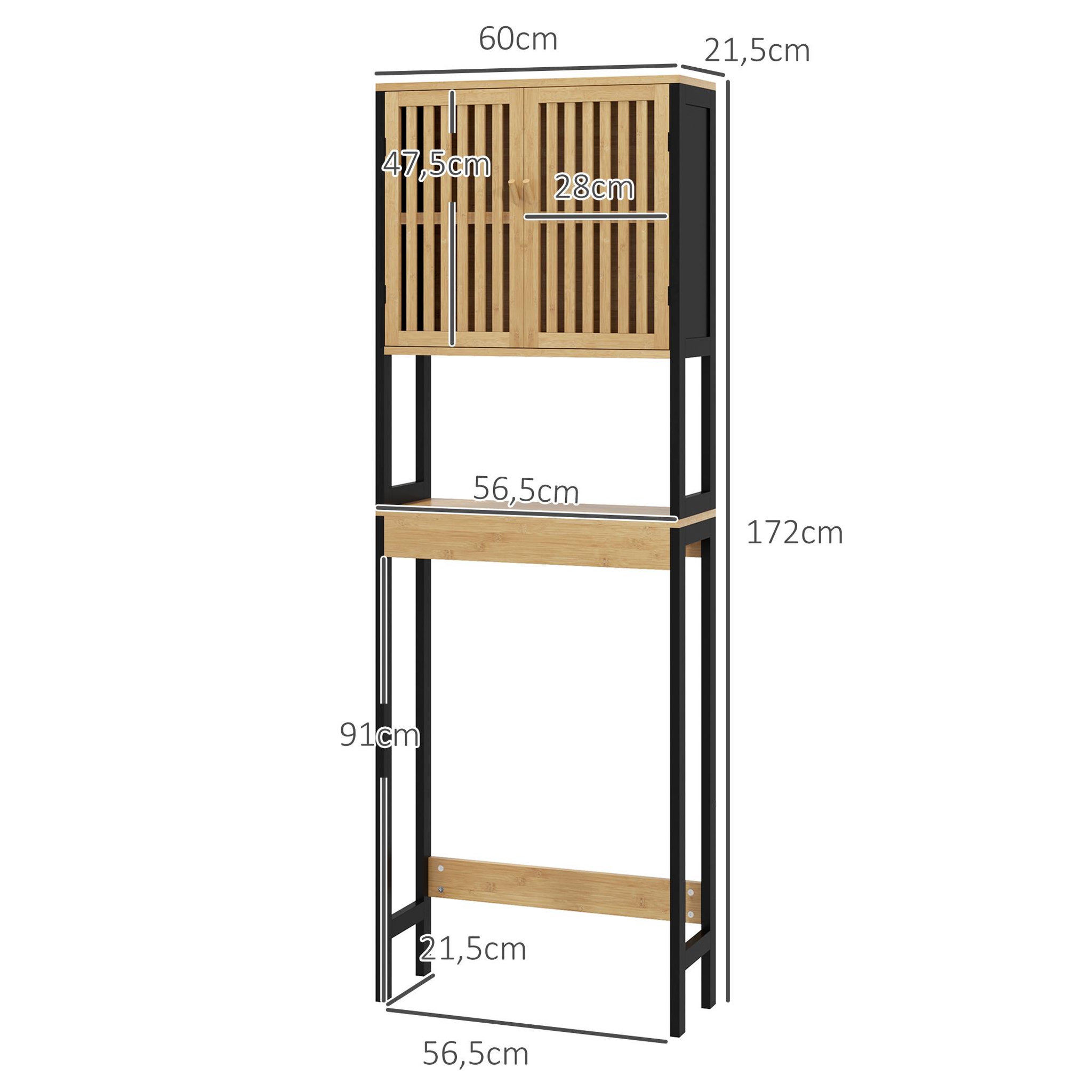 Voir la diapositive 3 : KLEANKIN Meuble étagère dessus wc - 2 portes, 2 étagères - mdf noir bois bambou verni