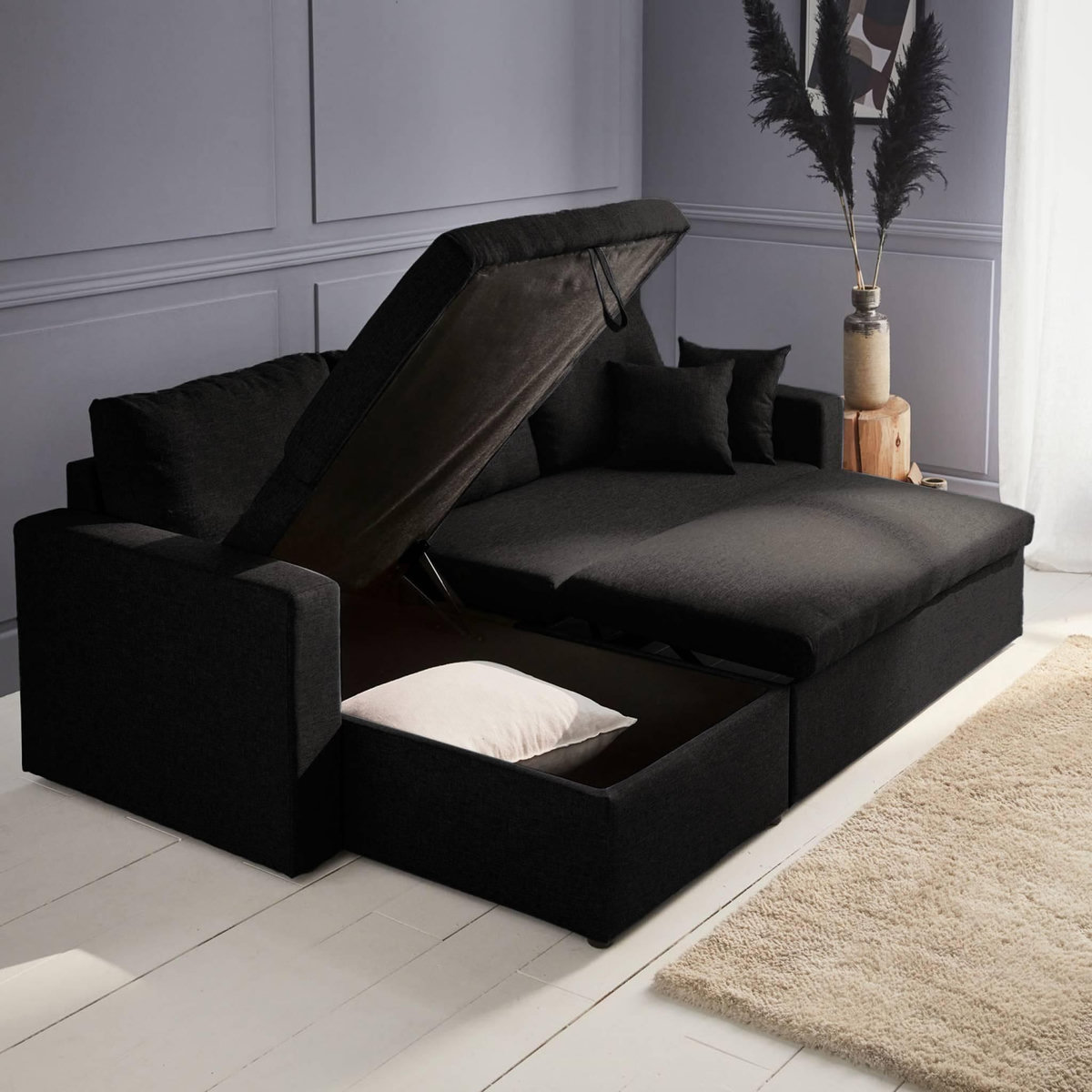 SWEEEK Canapé d'angle convertible en tissu noir - IDA - 3 places. fauteuil d'angle réversible coffre rangement lit modulable