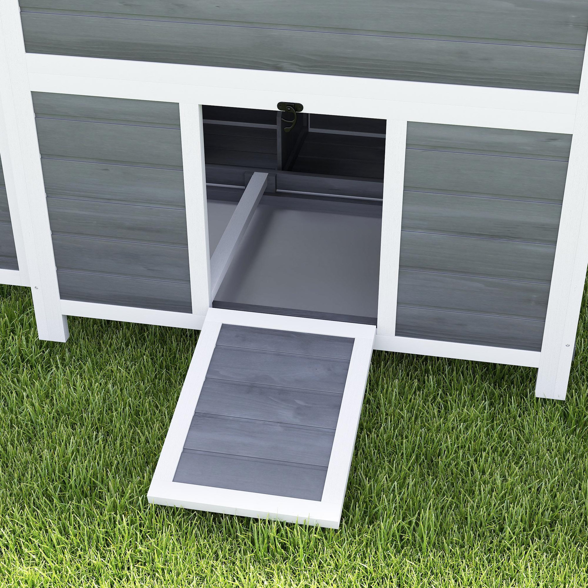 Voir la diapositive 4 : PAWHUT Poulailler cottage en bois 3 pondoirs toit ouvrant porte 2 fenêtres plateau déjection 100x86x100cm gris blanc noir