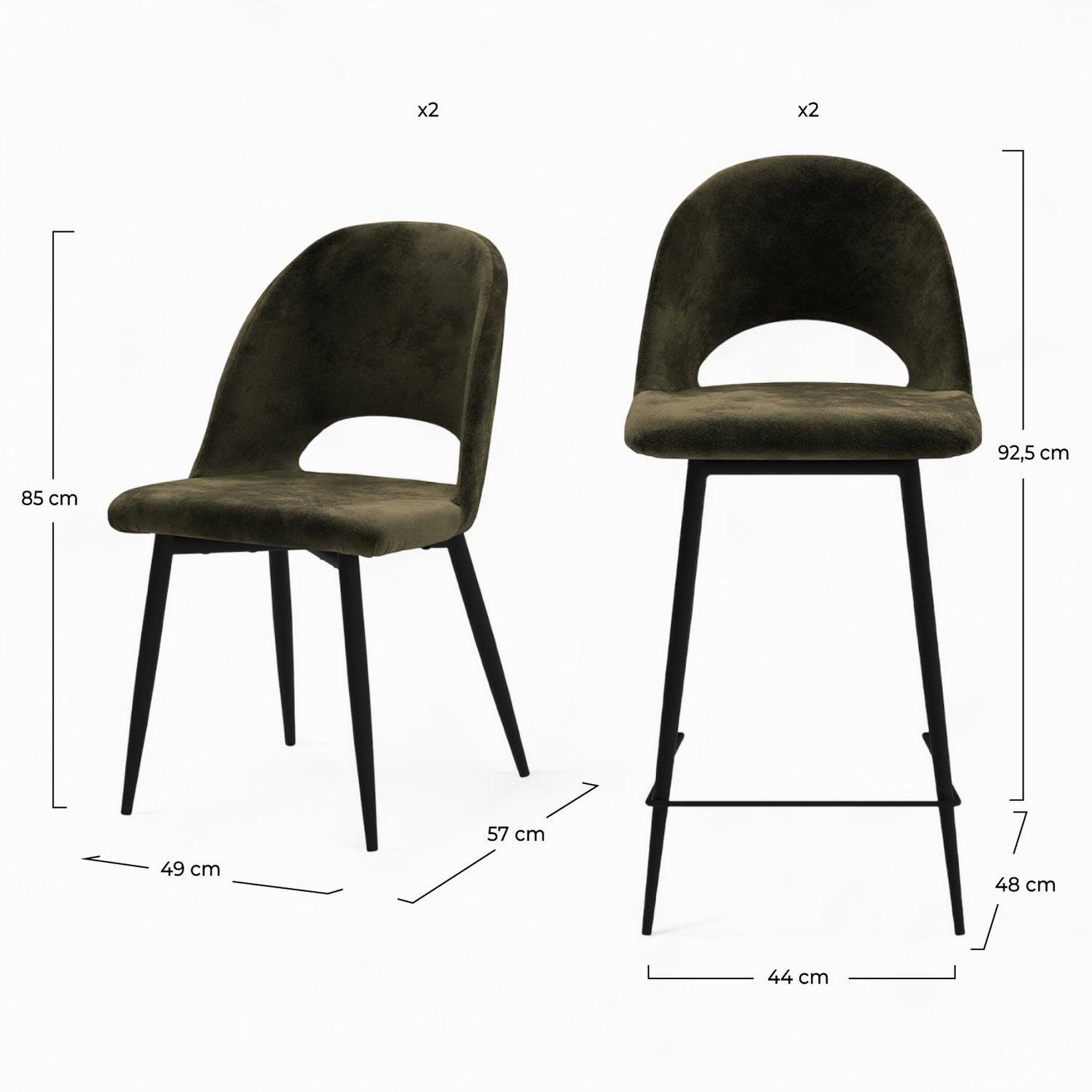 Voir la diapositive 4 : MAISON PAVANE Pack 2 chaises et 2 chaises de bar 65 cm en velours vert-pénélope