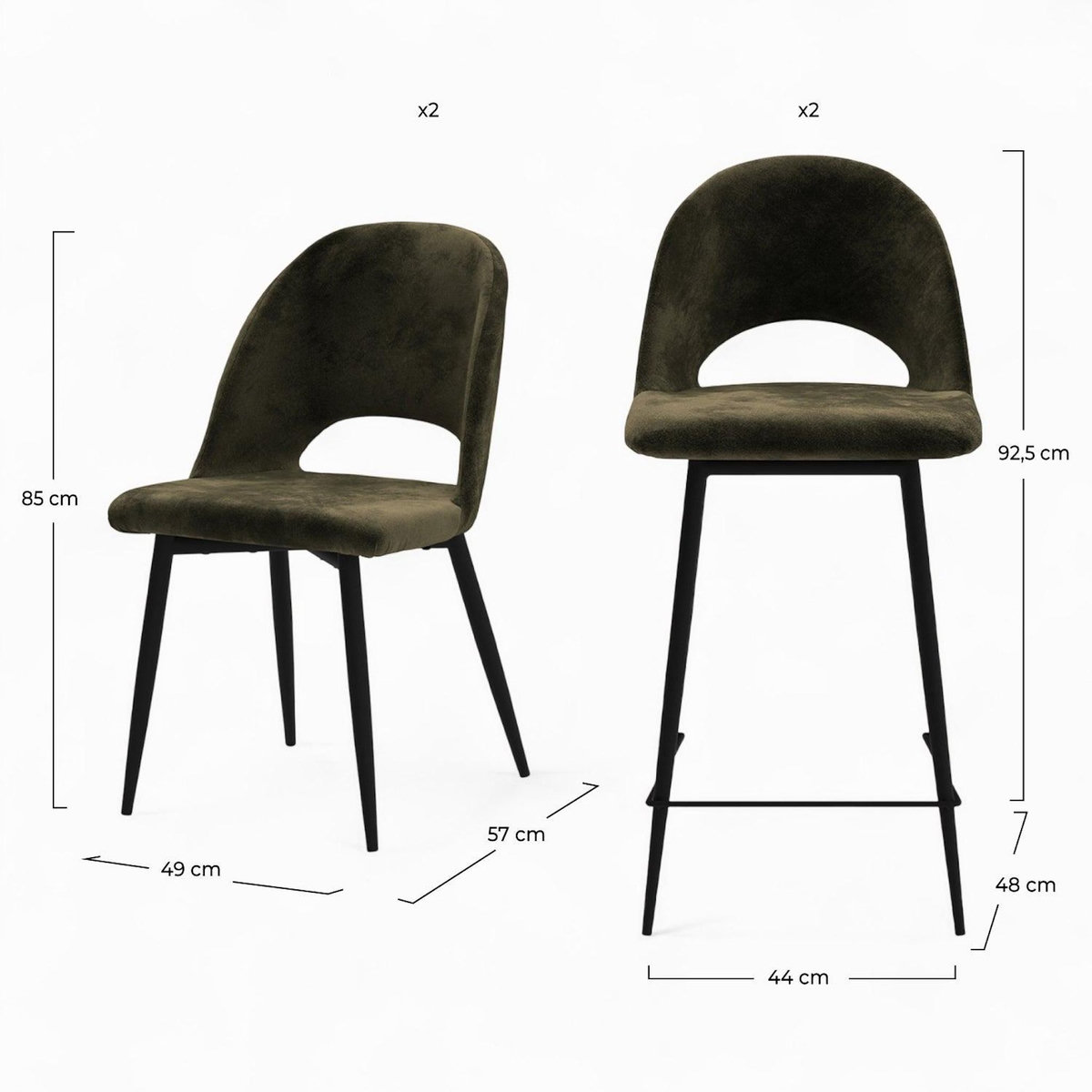 MAISON PAVANE Pack 2 chaises et 2 chaises de bar 65 cm en velours vert-Pénélope