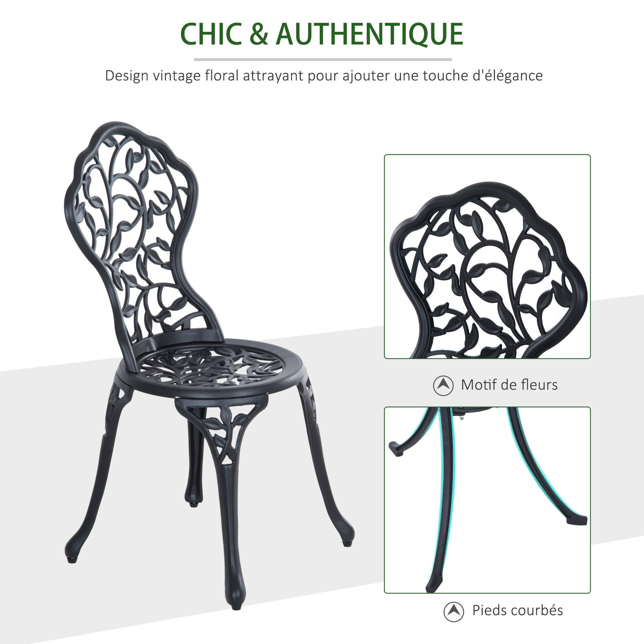 Voir la diapositive 4 : OUTSUNNY Ensemble salon de jardin 2 places avec table ronde style rétro fonte alu noir