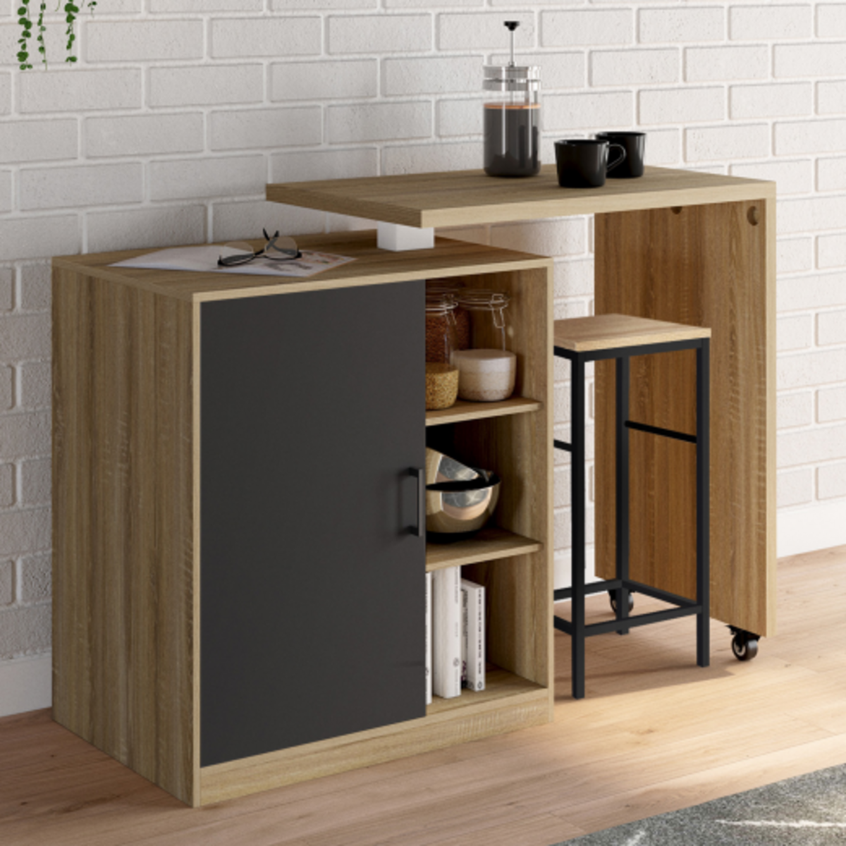 ID MARKET Ilot rotatif POLO meuble de bar pivotant 2 en 1 imitation hêtre porte noire