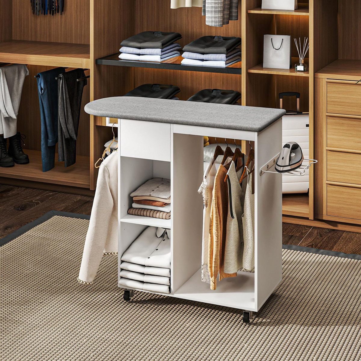 HOMCOM Table à repasser sur roulettes - 2 tringles, 2 niches, tiroir, support fer - toile planche incluse blanc gris