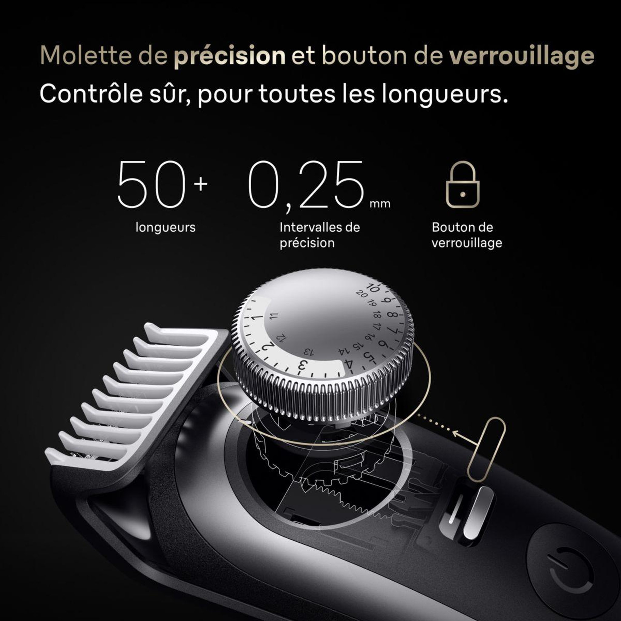Voir la diapositive 4 : BRAUN Tondeuse barbe bt9520, molette réglable, 50 hauteurs de coupe, précision 0,25 mm, autonomie 180 mn