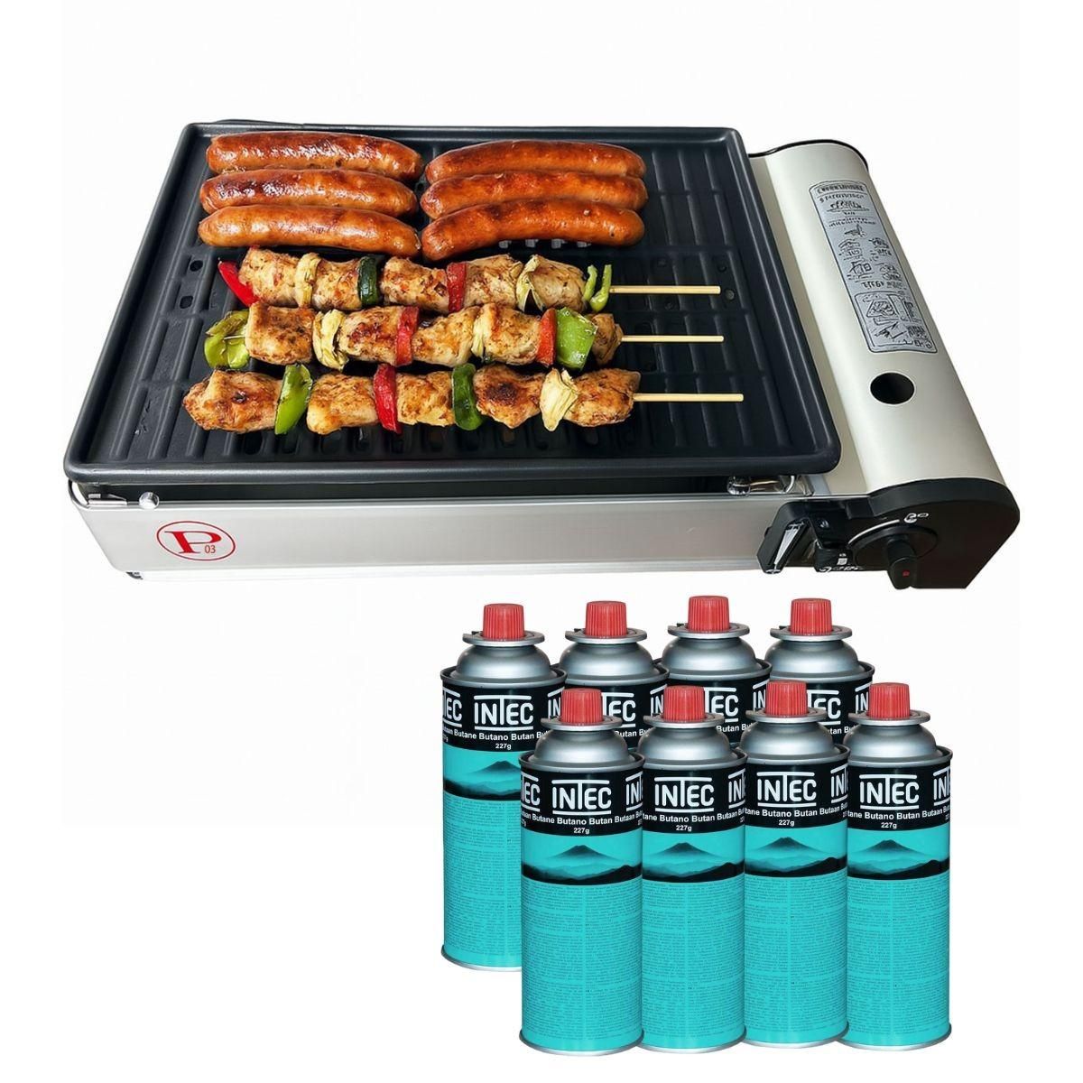 INTEC Barbecue à gaz Grill 1900W + 8 cartouches de gaz Allumage Piezo + Récupérateur de graisse Camping COOK160