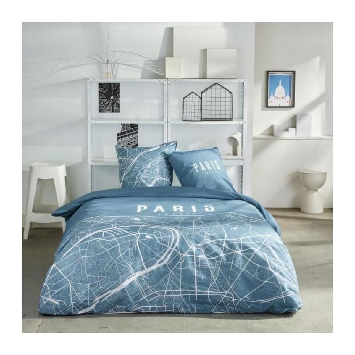 Today Parure de lit - TODAY - JAVA - 2 personnes - 240x220 cm - Coton - Imprimé Paris - Bleu