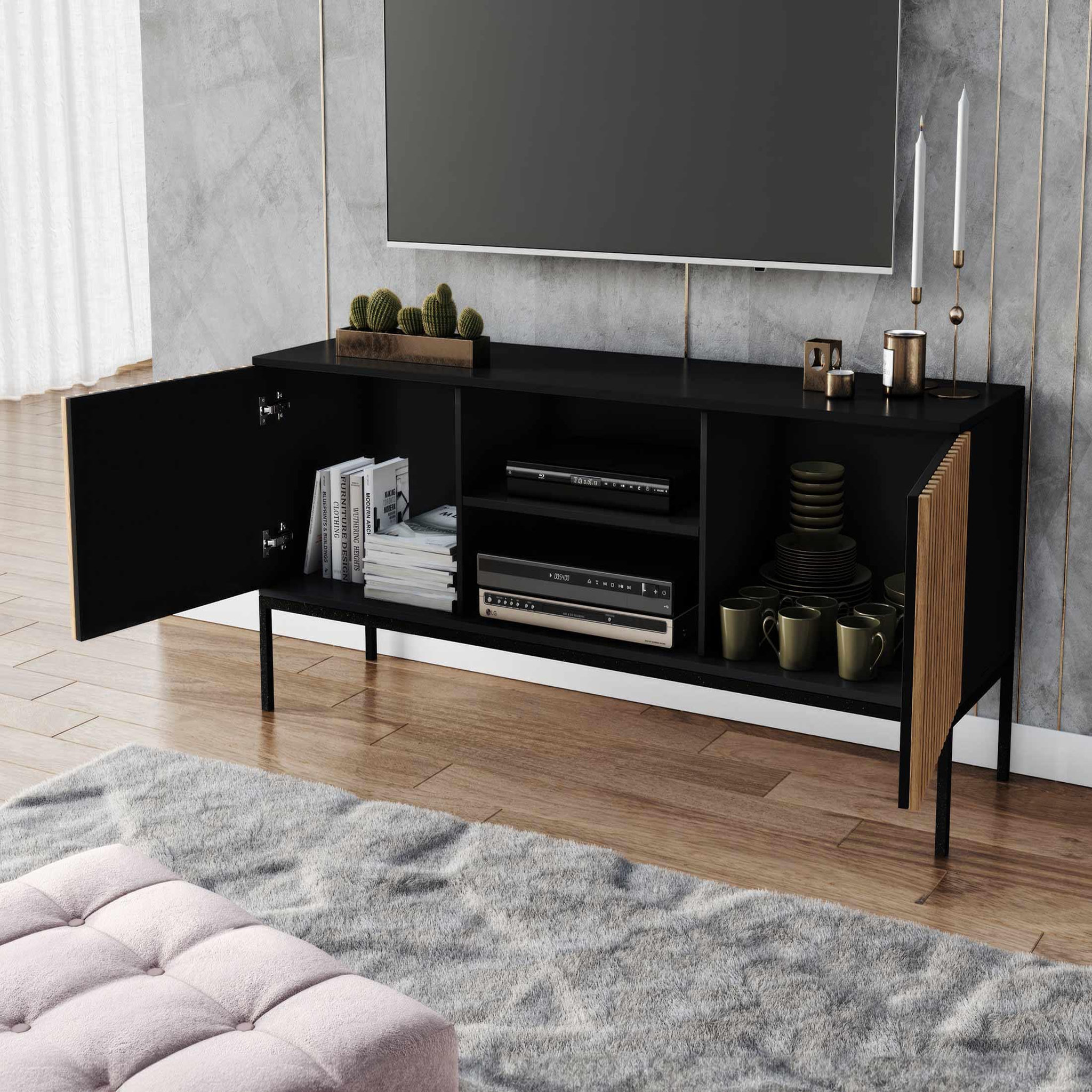 Voir la diapositive 2 : BEST MOBILIER Savanna - meuble tv - effet bois et noir - 2 portes et 2 niches - 150 cm