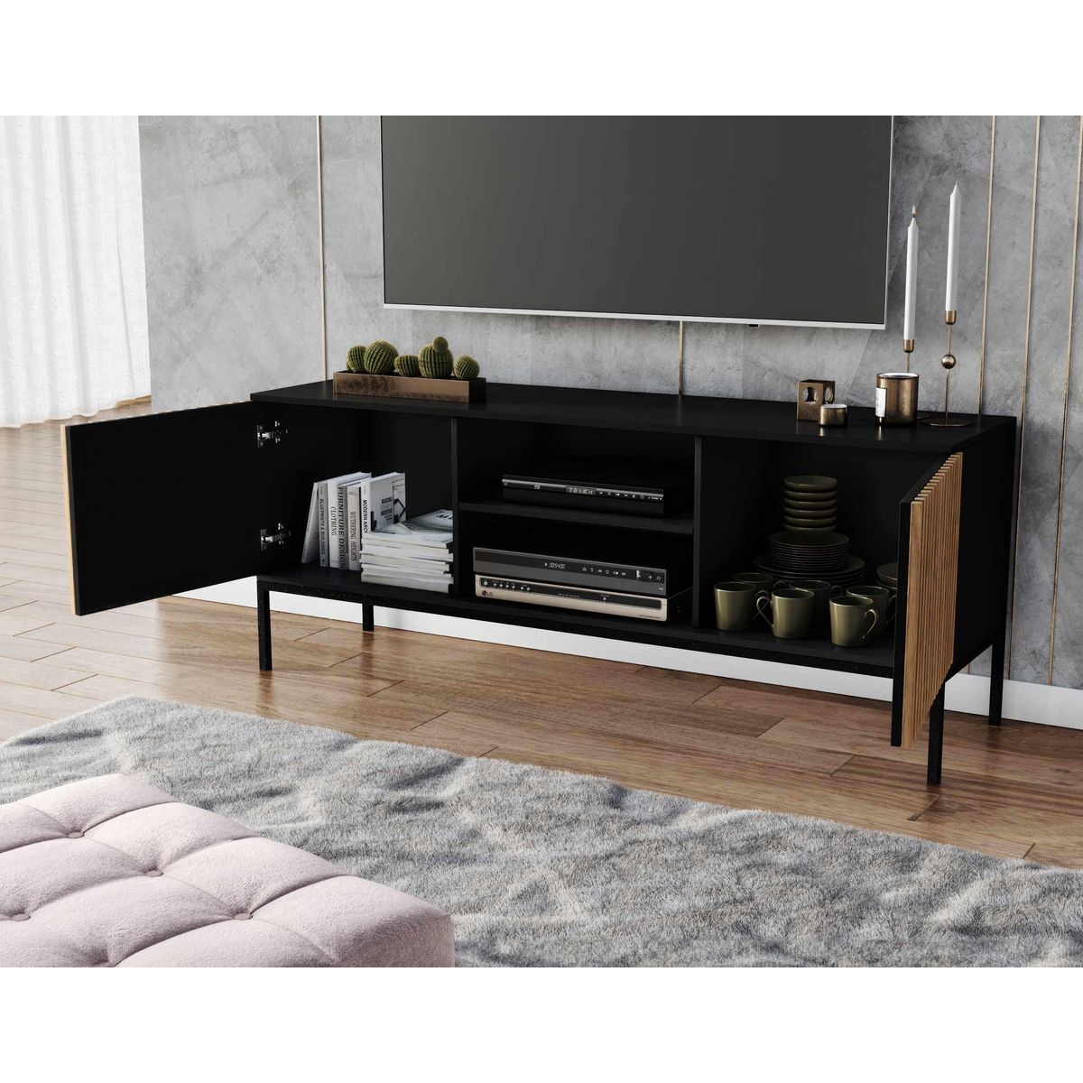 BEST MOBILIER Savanna - meuble tv - effet bois et noir - 150 cm