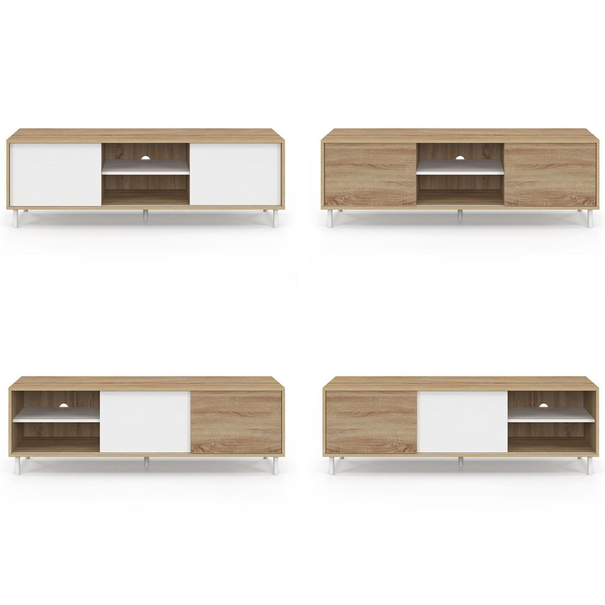 ID MARKET Meuble TV 140 cm EASY montage sans outils 2 portes coulissantes réversibles effet bois et blanc