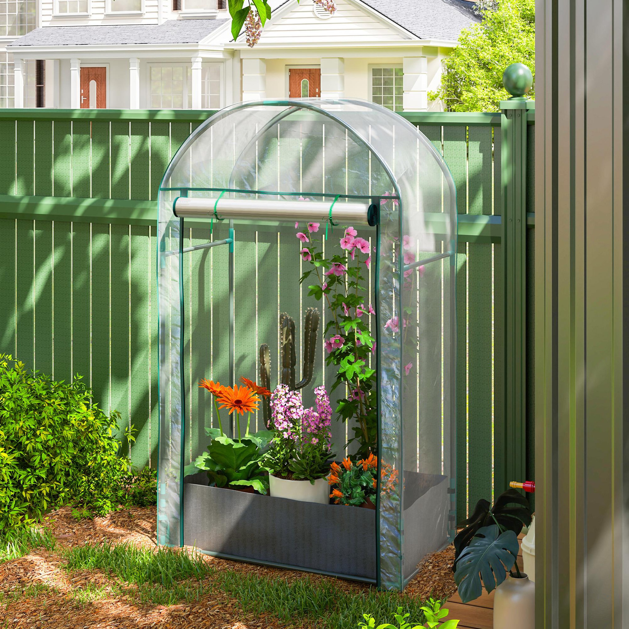 Voir la diapositive 2 : OUTSUNNY Mini serre de jardin balcon - porte enroulable zippée, sac plantation - 89 x 50 x 152 cm - acier pvc transparent