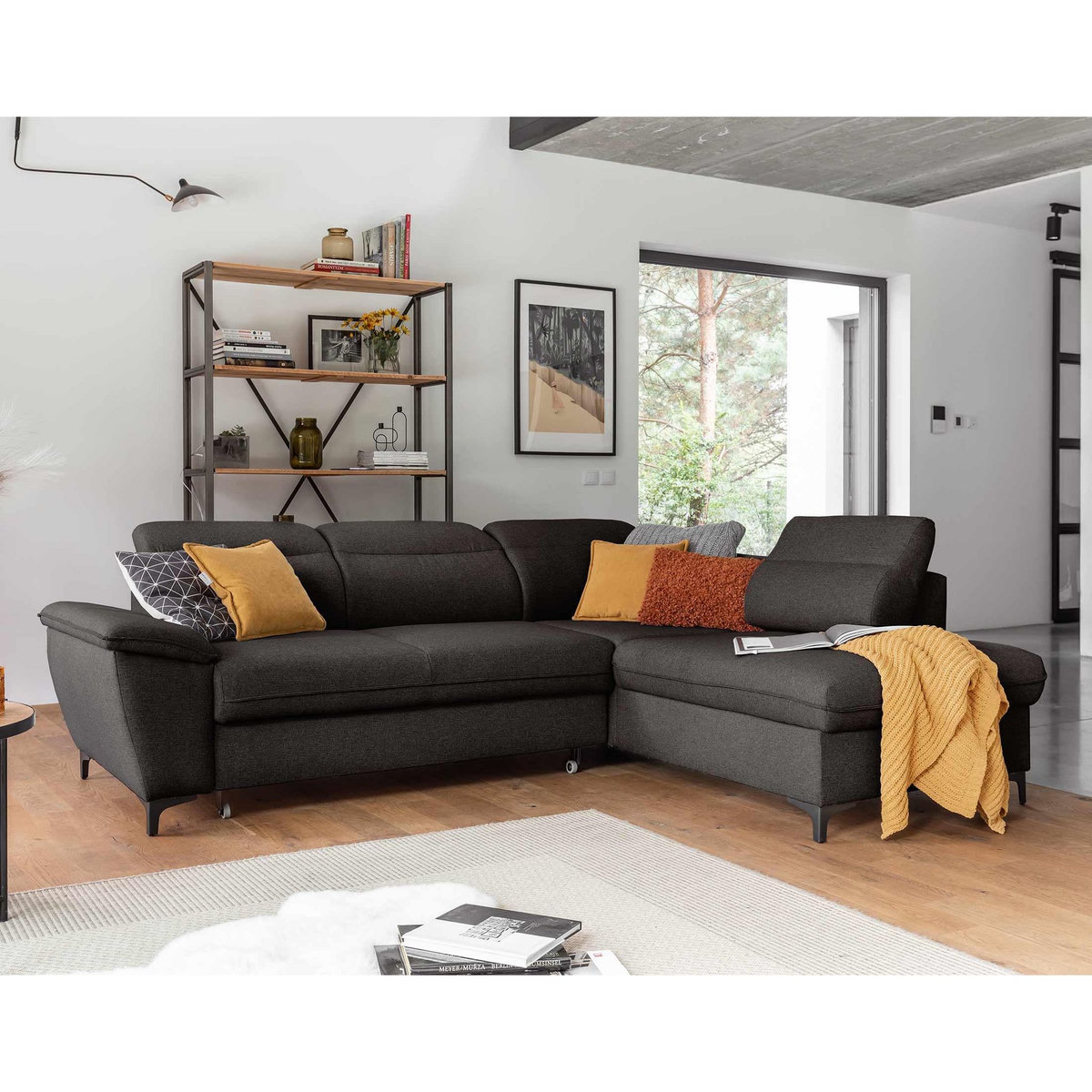 BEST MOBILIER Clever - canapé d'angle droit - 5 places - convertible avec coffre et têtières - en tissu