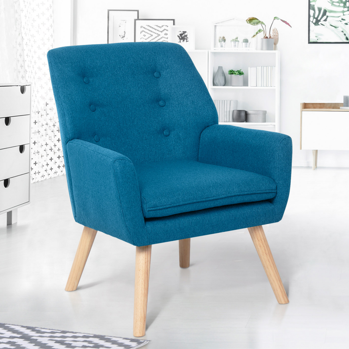 ID MARKET Fauteuil scandinave NAT en tissu bleu canard