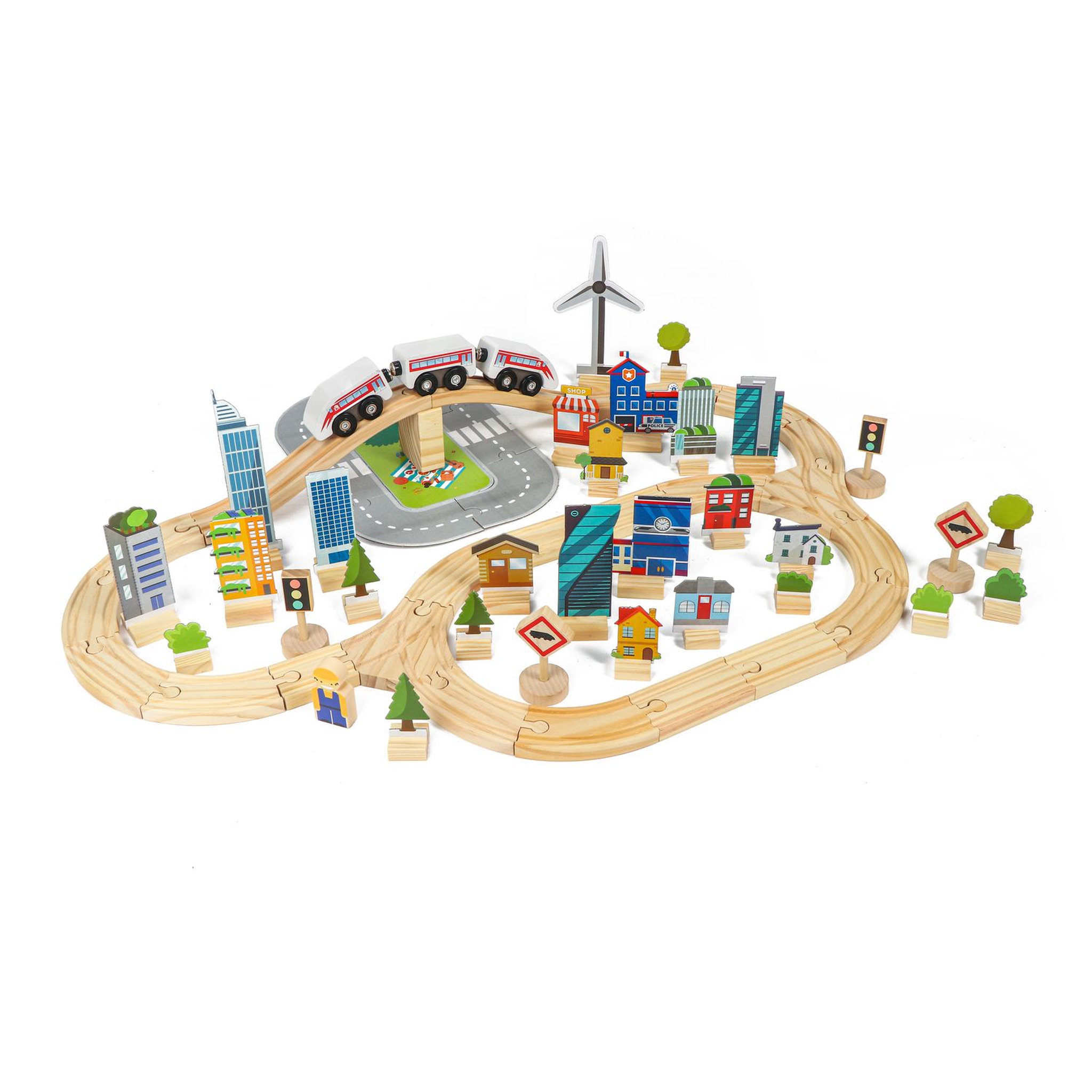 Voir la diapositive 1 : One Two Fun Train circuit avec accessoires - 90 pièces - en bois