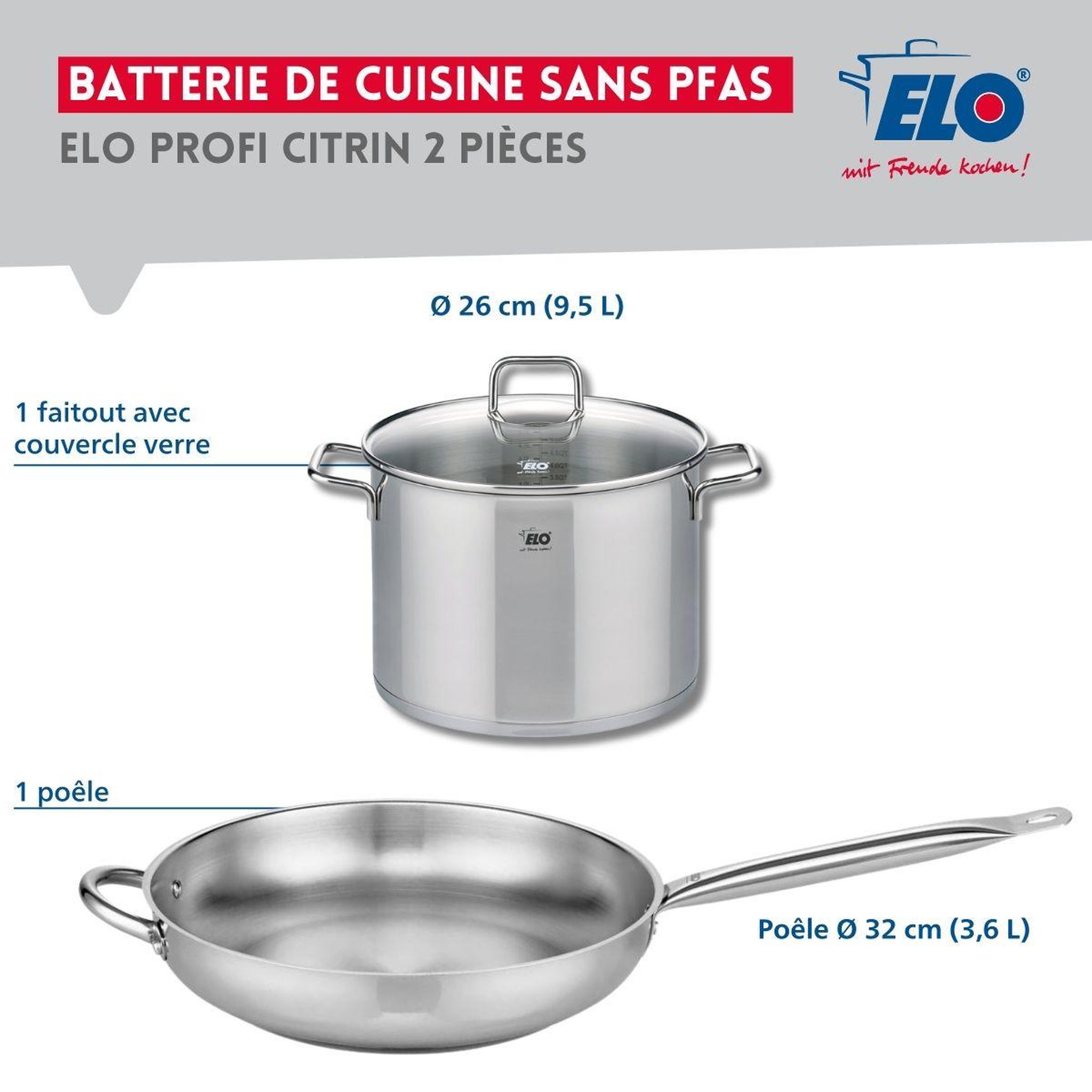 Voir la diapositive 2 : ELO Ensemble de 1 poêle de cuisson 32 cm et 1 faitout 26 cm elo profi citrin