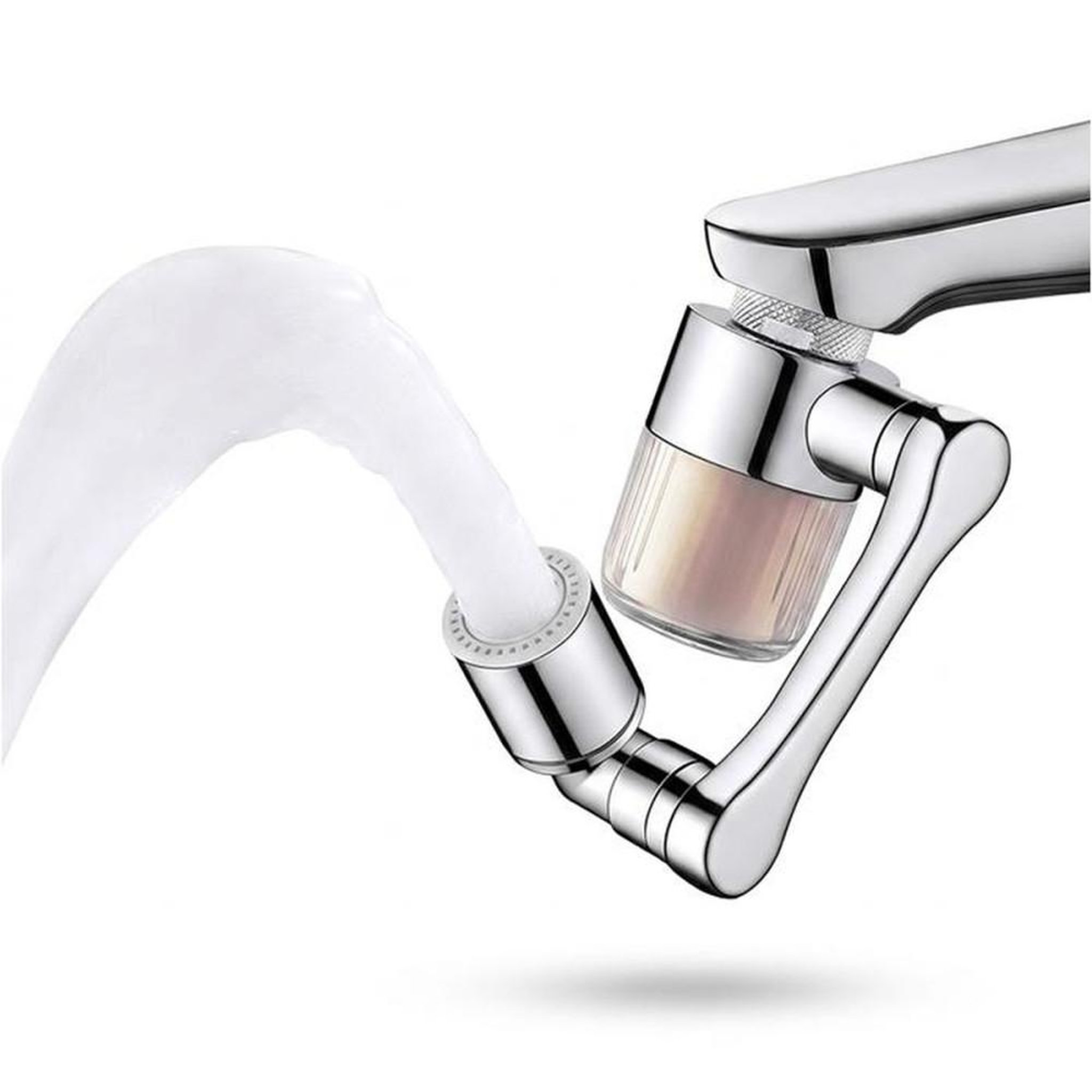 Prolongateur de bec de robinet de salle de bain avec filtre visible pivotant, métal chromé, rotation triaxiale jusqu'à 1440°, 2 modes de jet