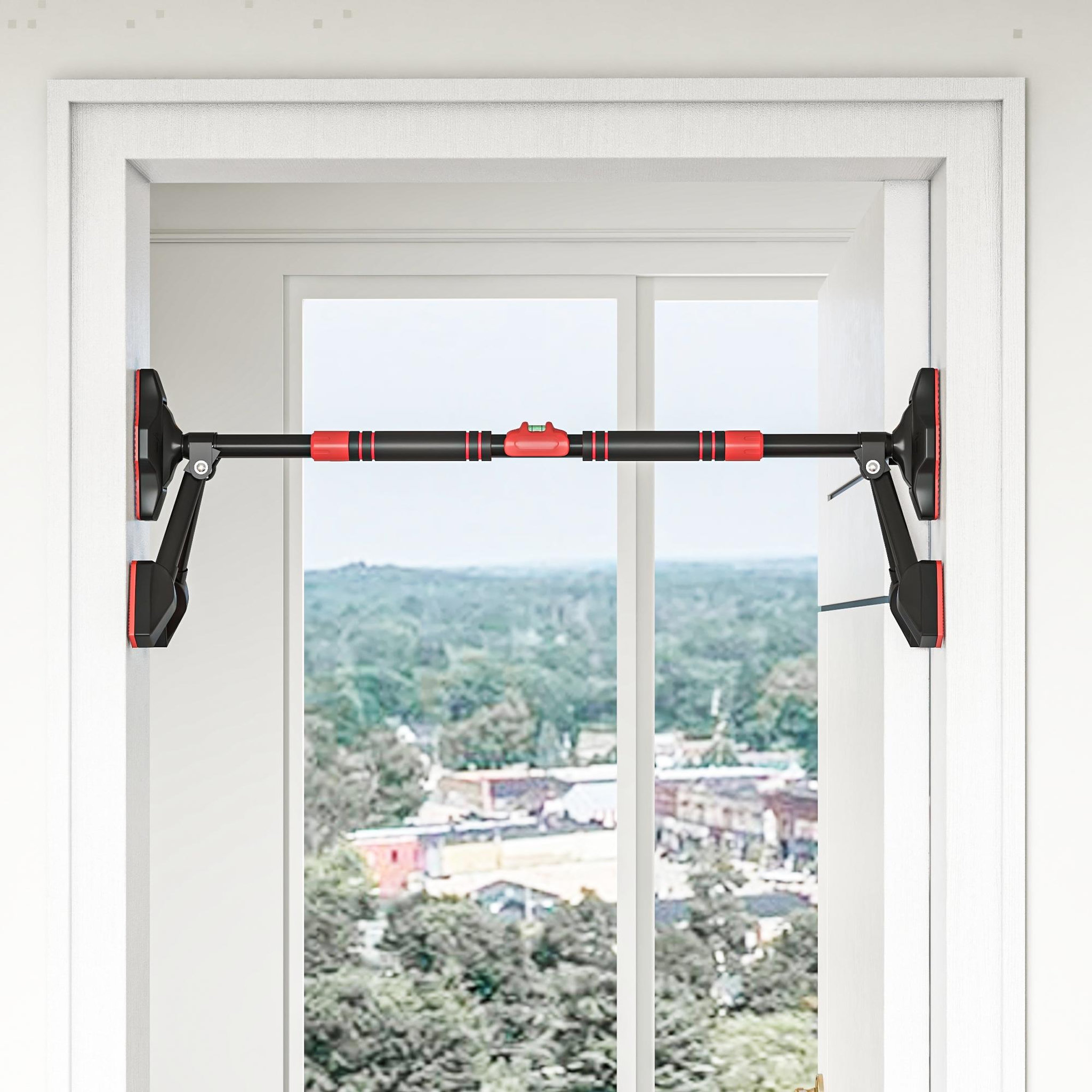 Voir la diapositive 2 : HOMCOM Barre de traction réglable de 79 à 98 cm, barre de porte niveau intégré, structure triangulaire robuste, support à 6 points, poignées antidérapantes, jusqu'à 225 kg, noir