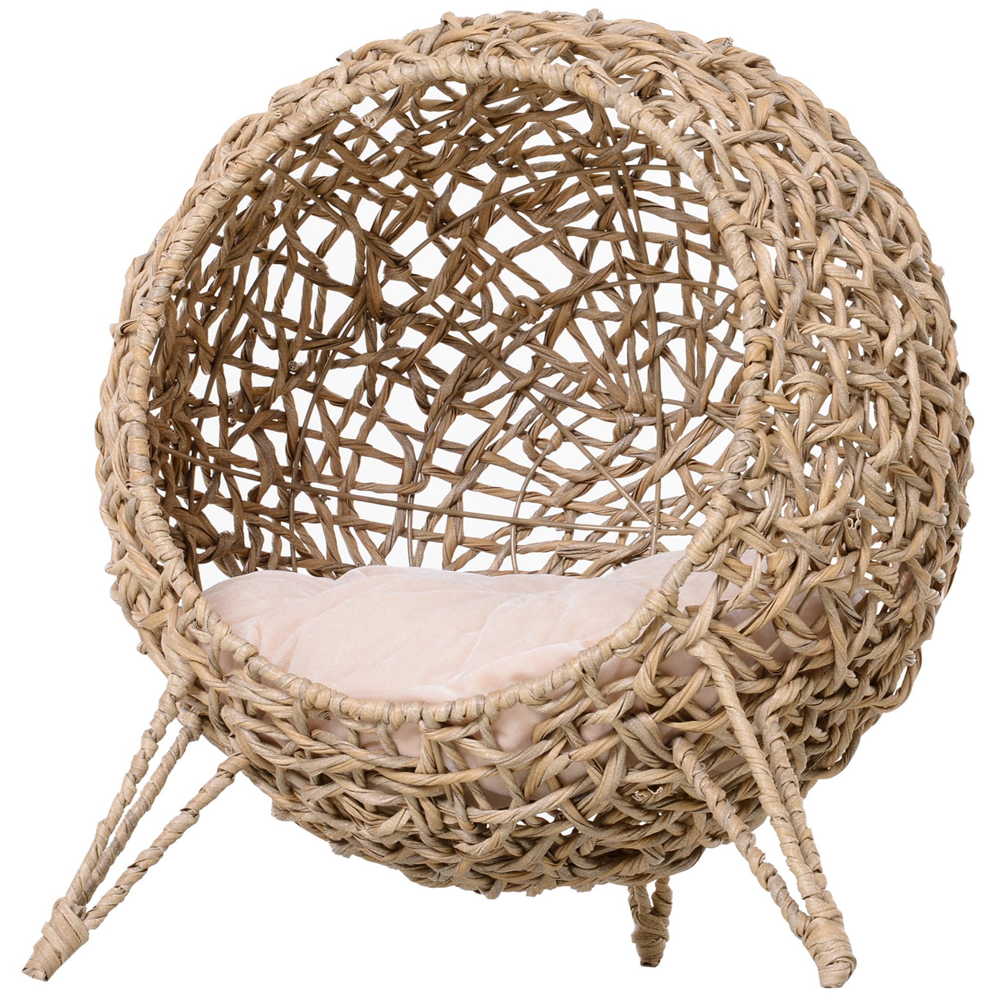 PAWHUT Pawhut panier chat lit chat cosy grand confort dim. Ø 52 x 58h cm coussin moelleux inclus résine tressée imitation rotin beige