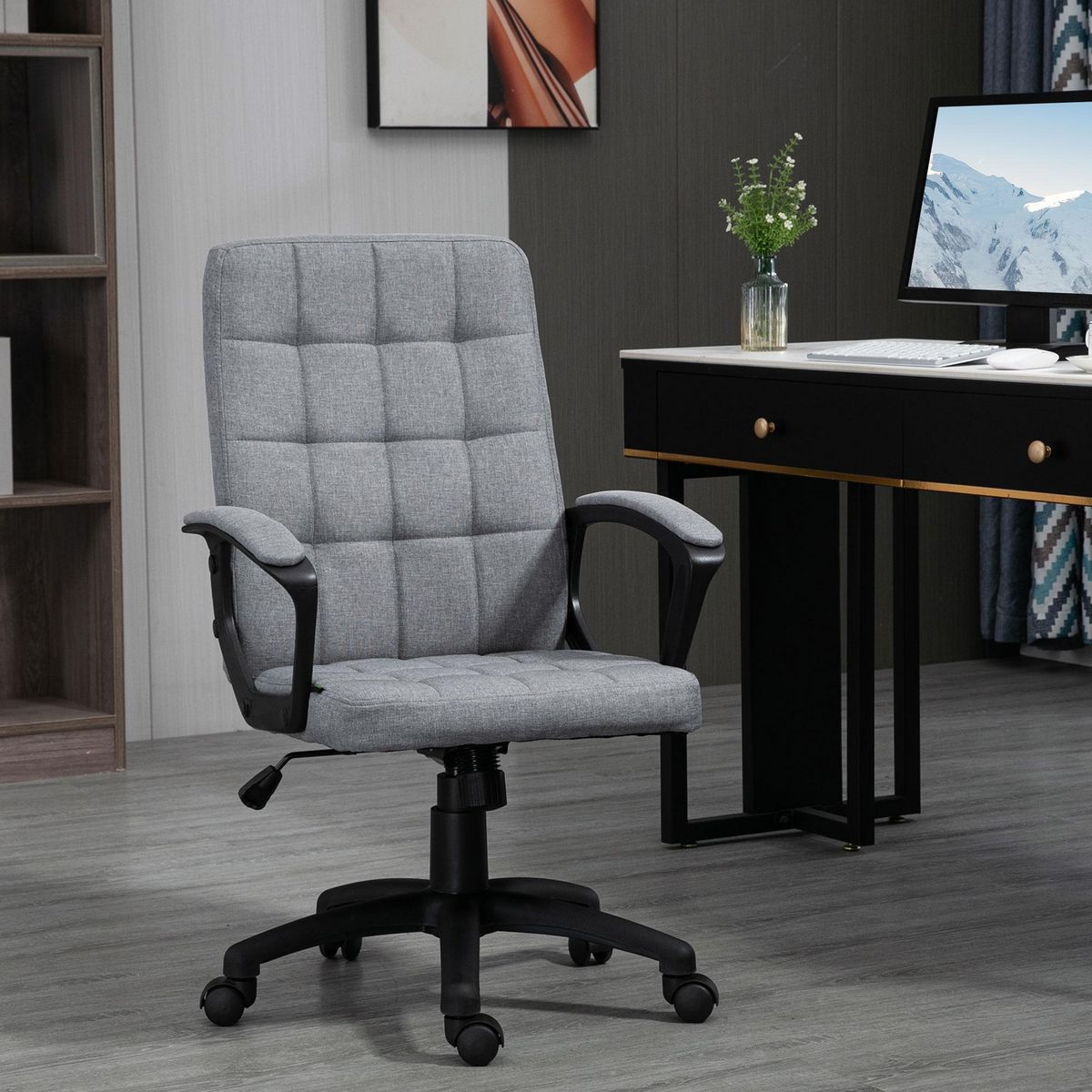 VINSETTO Chaise de bureau design Chesterfield effet capitonné hauteur réglable pivotant 360° tissu gris