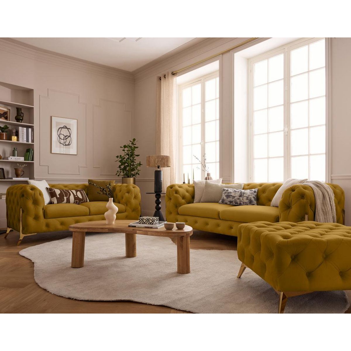 LISA DESIGN Camden - pouf chesterfield en velours - pieds en métal doré