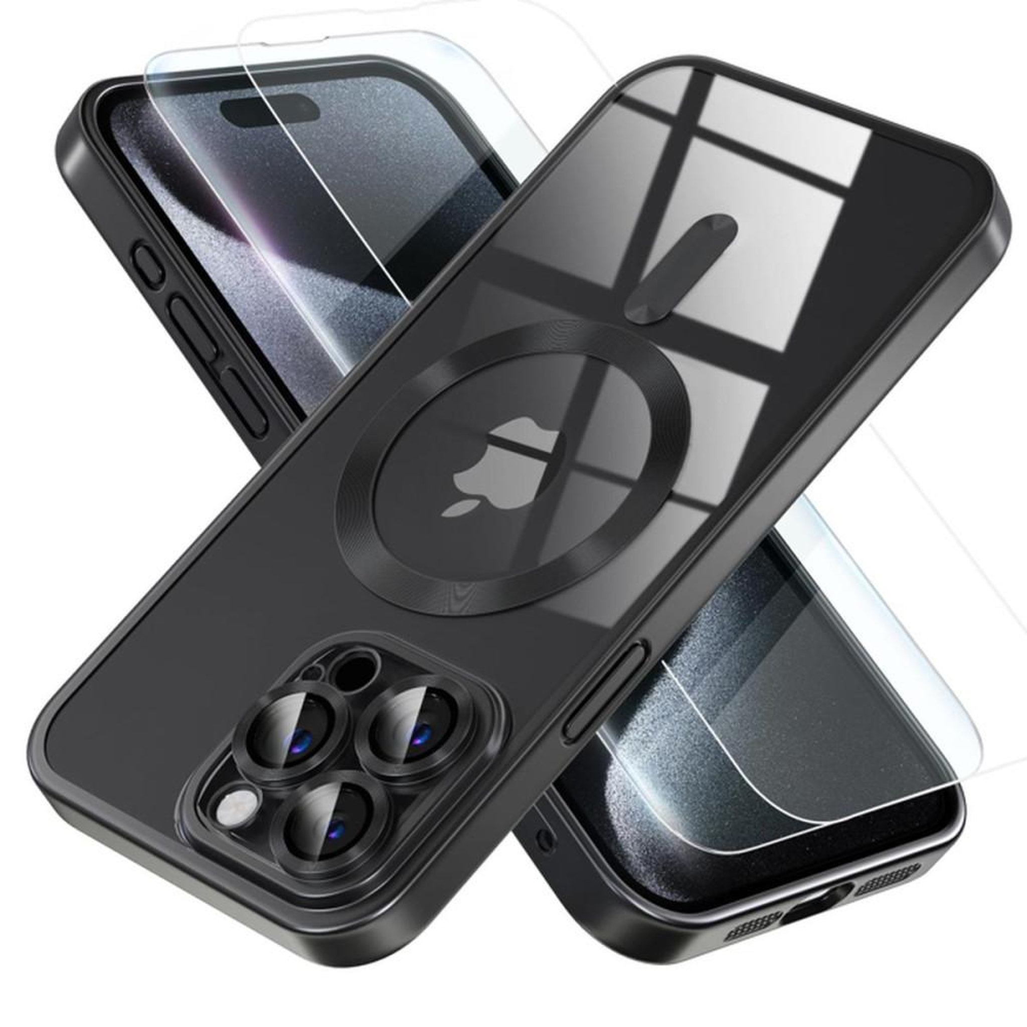 Coque iPhone 15 Pro magnétique transparente noire TPU avec protection antichoc militaire et anneau magnétique