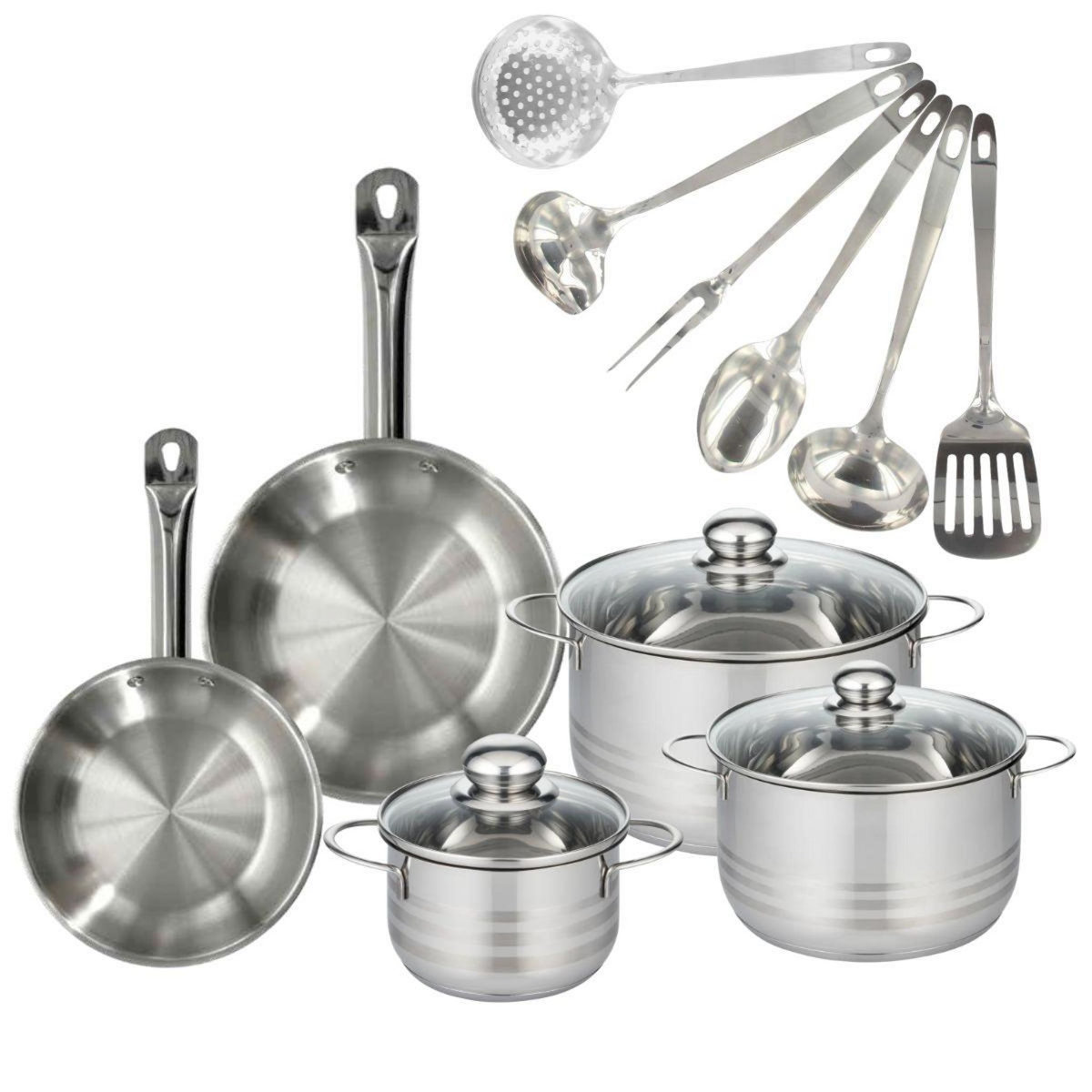 Fackelmann Set 2 poêles 20 et 24 cm en inox, 3 faitouts inox 16, 20 et 24 cm et 6 ustensiles inox Fackelmann Eterna