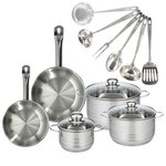 Fackelmann Set 2 poêles 20 et 24 cm en inox, 3 faitouts inox 16, 20 et 24 cm et 6 ustensiles inox Fackelmann Eterna