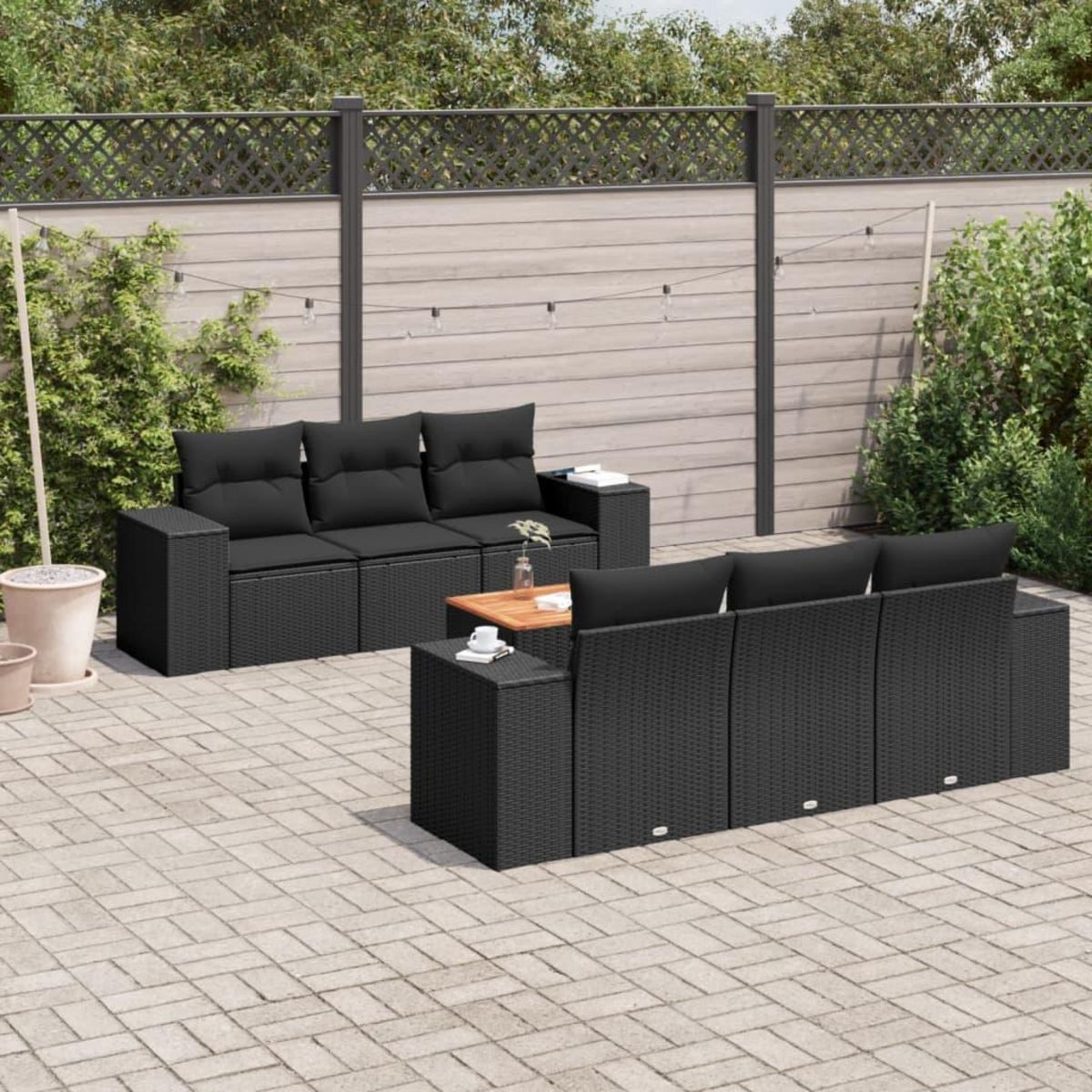 VIDAXL Salon de jardin 7 pcs avec coussins noir resine tressee