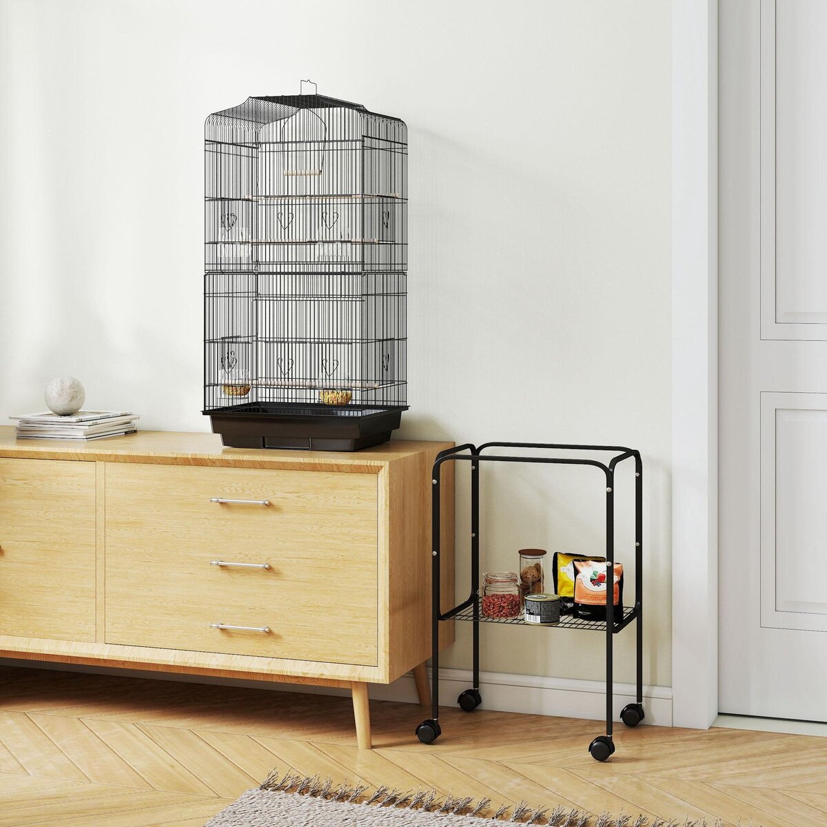 PAWHUT Cage à oiseaux sur pied volière mobile toit ouvrant 3 perchoirs étagère 46 x 36 x 157 cm