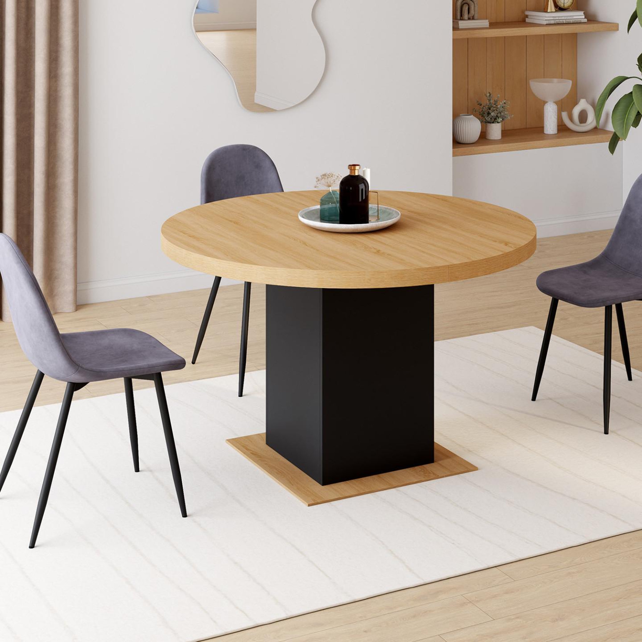 Voir la diapositive 4 : ID MARKET Table à manger extensible ronde eden 4-8 personnes bois et noir 120-160 cm