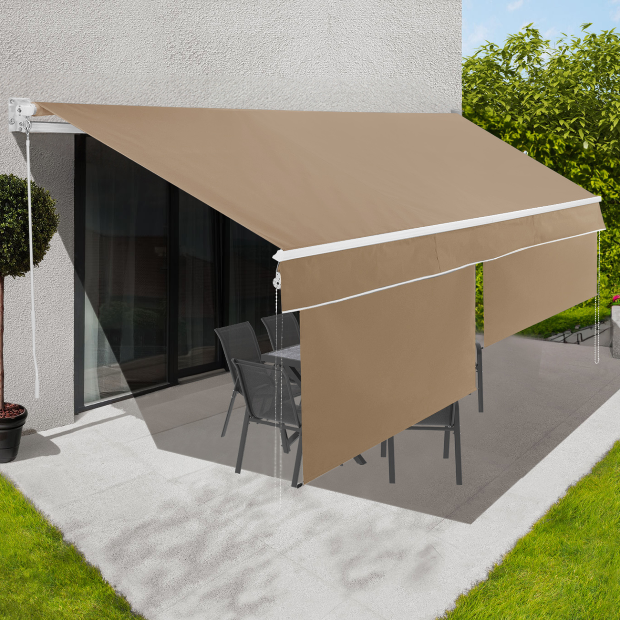 Voir la diapositive 2 : ID MARKET Store banne manuel 4x3 m taupe lambrequin h.1,40 m
