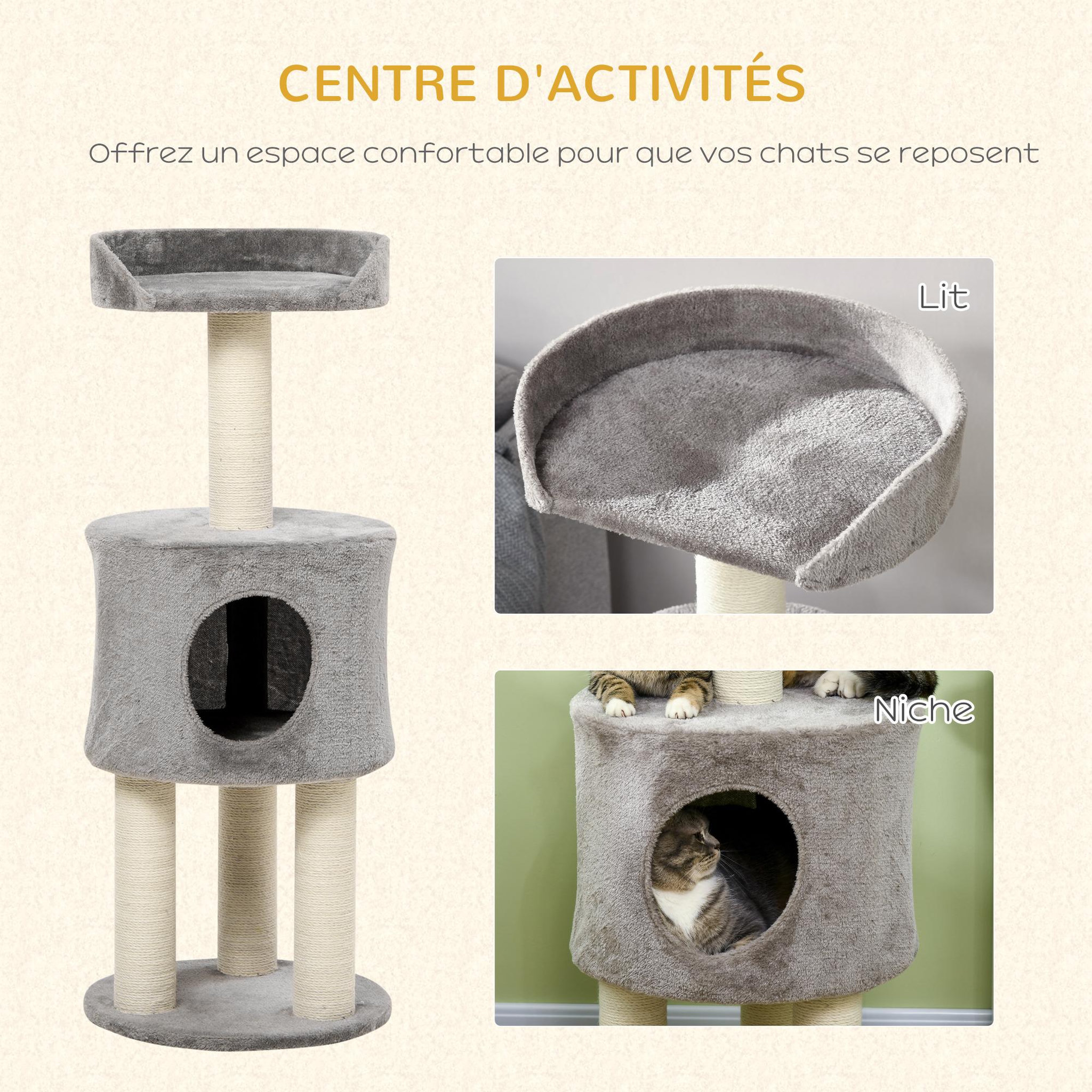 Voir la diapositive 5 : PAWHUT Arbre à chat griffoirs sisal naturel arbre à grimper h.103 cm niche plateforme d'observation peluche grise