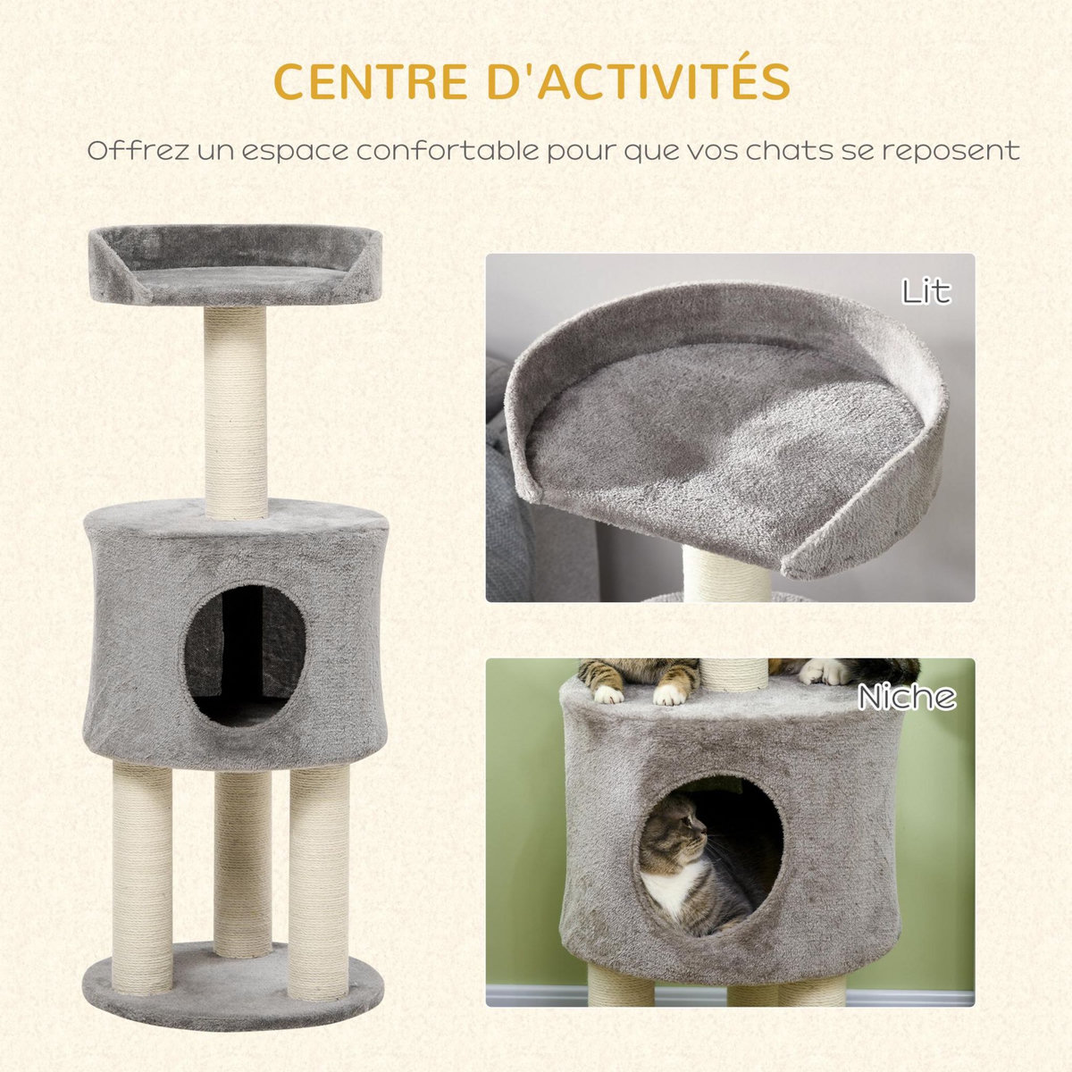 PAWHUT Arbre à chat griffoirs sisal naturel arbre à grimper H.103 cm niche plateforme d'observation peluche grise