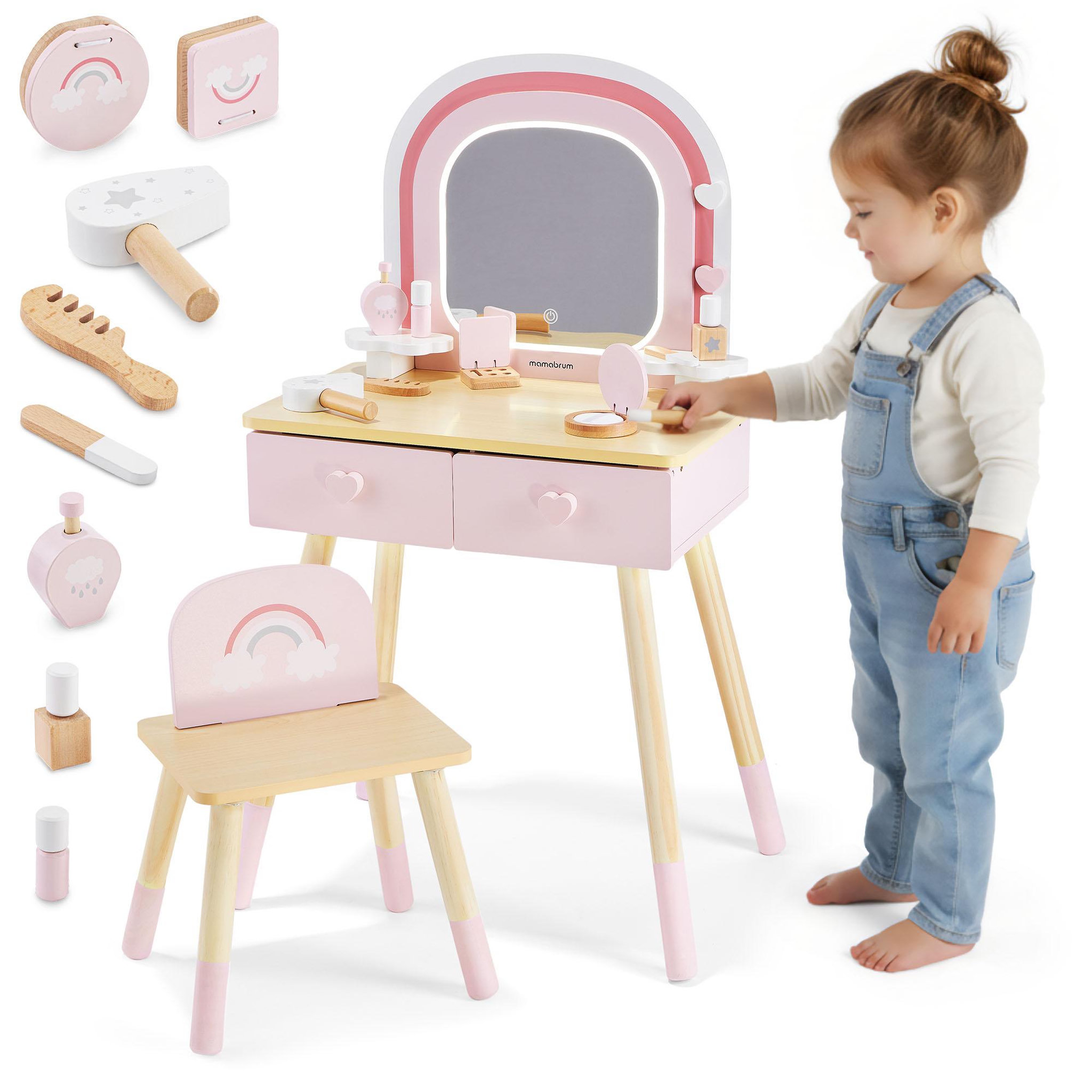 MAMABRUM Coiffeuse Bois Enfant Mamabrum Miroir LED Tactile Chaise Accessoires 3 Ans+