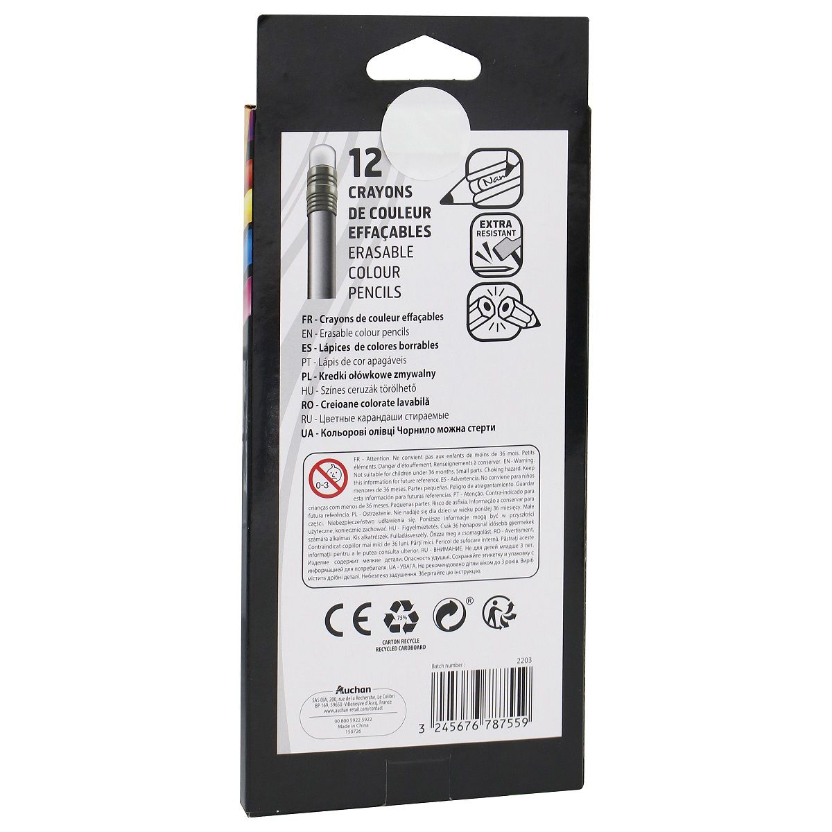 AUCHAN Etui de 12 crayons de couleur effaçables avec bout gomme