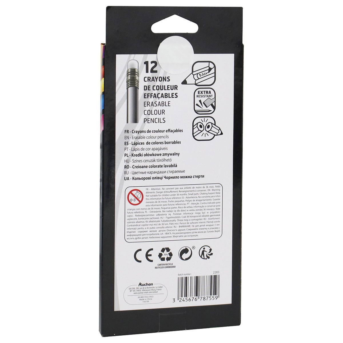 AUCHAN Etui de 12 crayons de couleur effaçables avec bout gomme