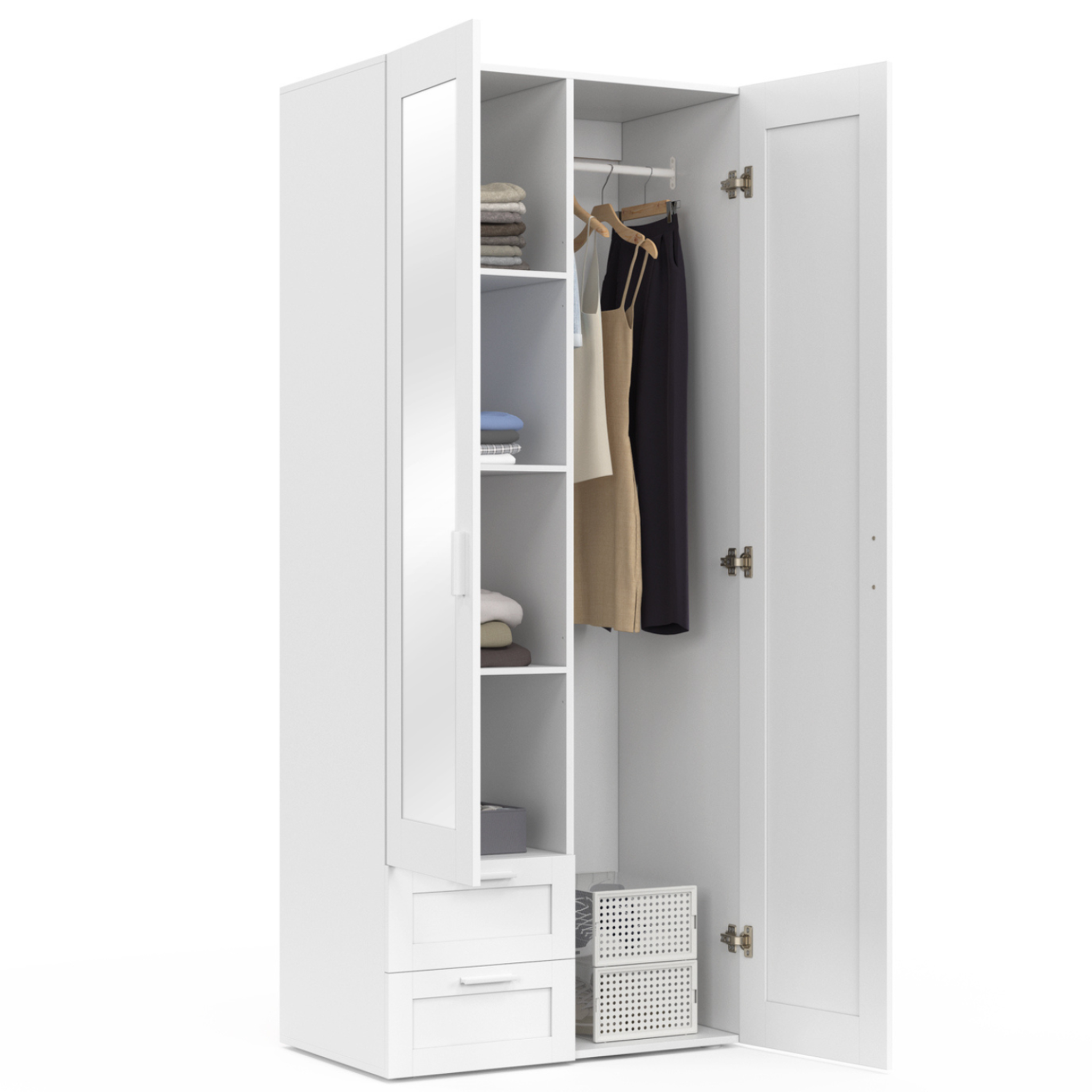 Voir la diapositive 3 : ID MARKET Armoire 2 portes vito blanc penderie 80 cm avec 2 tiroirs, miroir et étagères