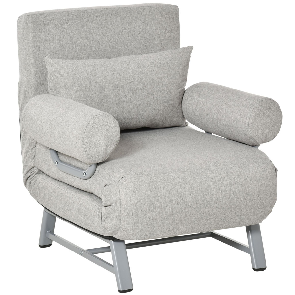 HOMCOM Fauteuil chauffeuse canapé-lit convertible inclinable 1 place grand confort coussin lombaires accoudoirs piètement métal lin gris clair