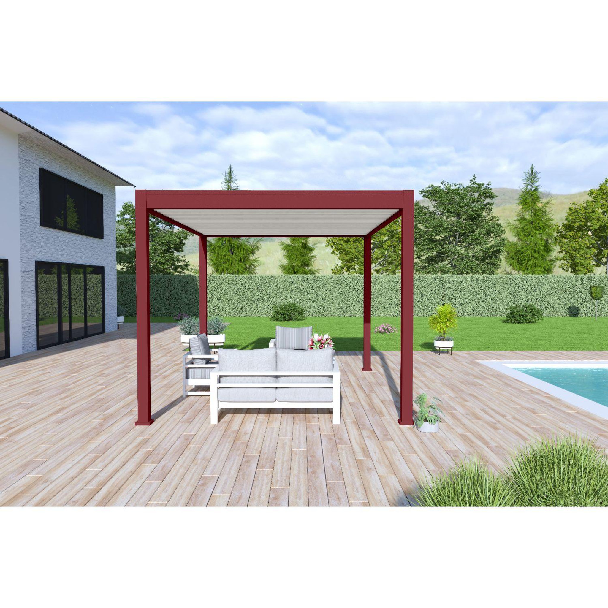 Voir la diapositive 4 : Pergola Bioclimatique autoportée 3x4 m - Aluminium - Rouge basque/blanc -  VS OmBREA®