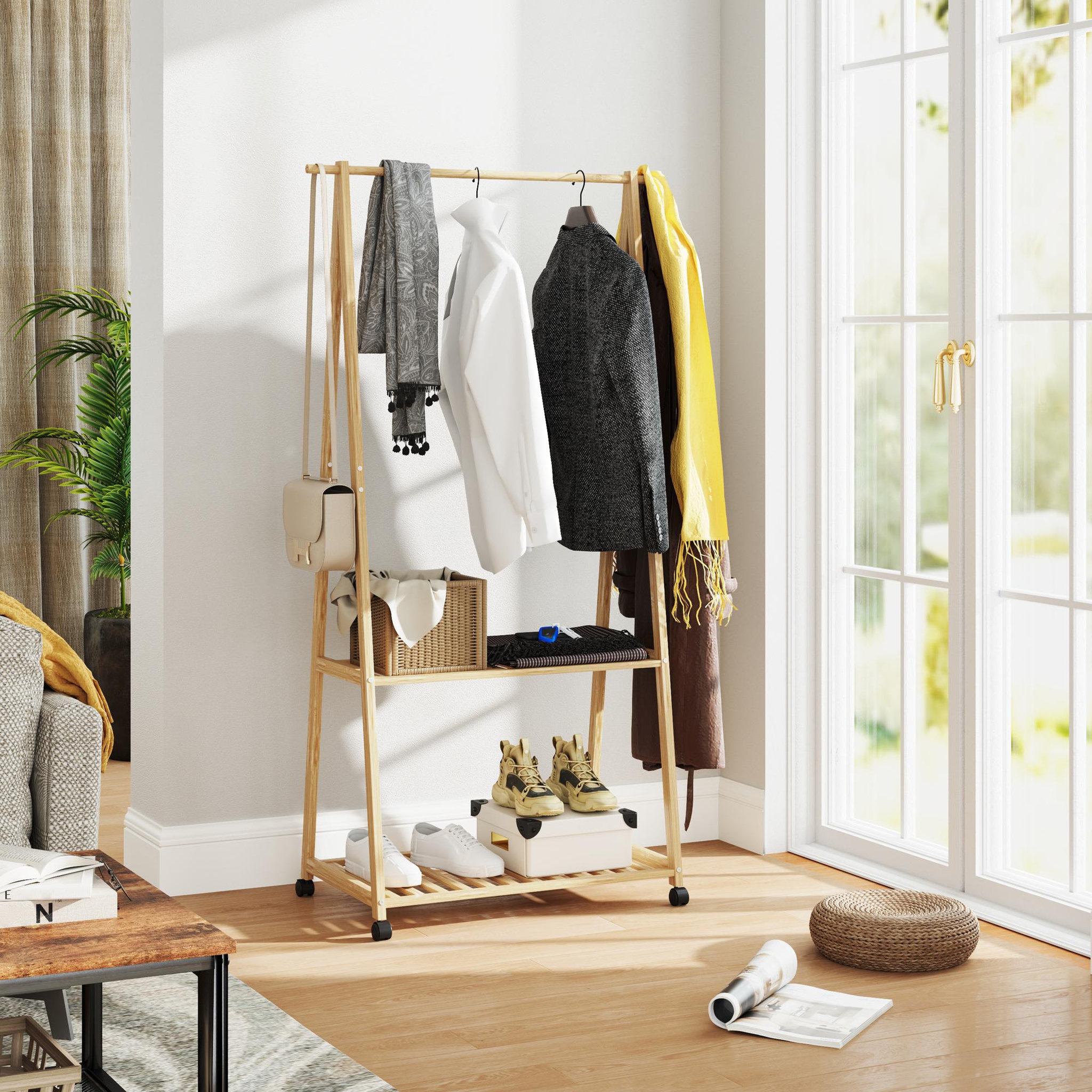 Voir la diapositive 2 : HOMCOM Portant penderie à vêtements en bambou mobile 4 roulettes 2 étagères dim. 84,5l x 43,5l x 158h cm