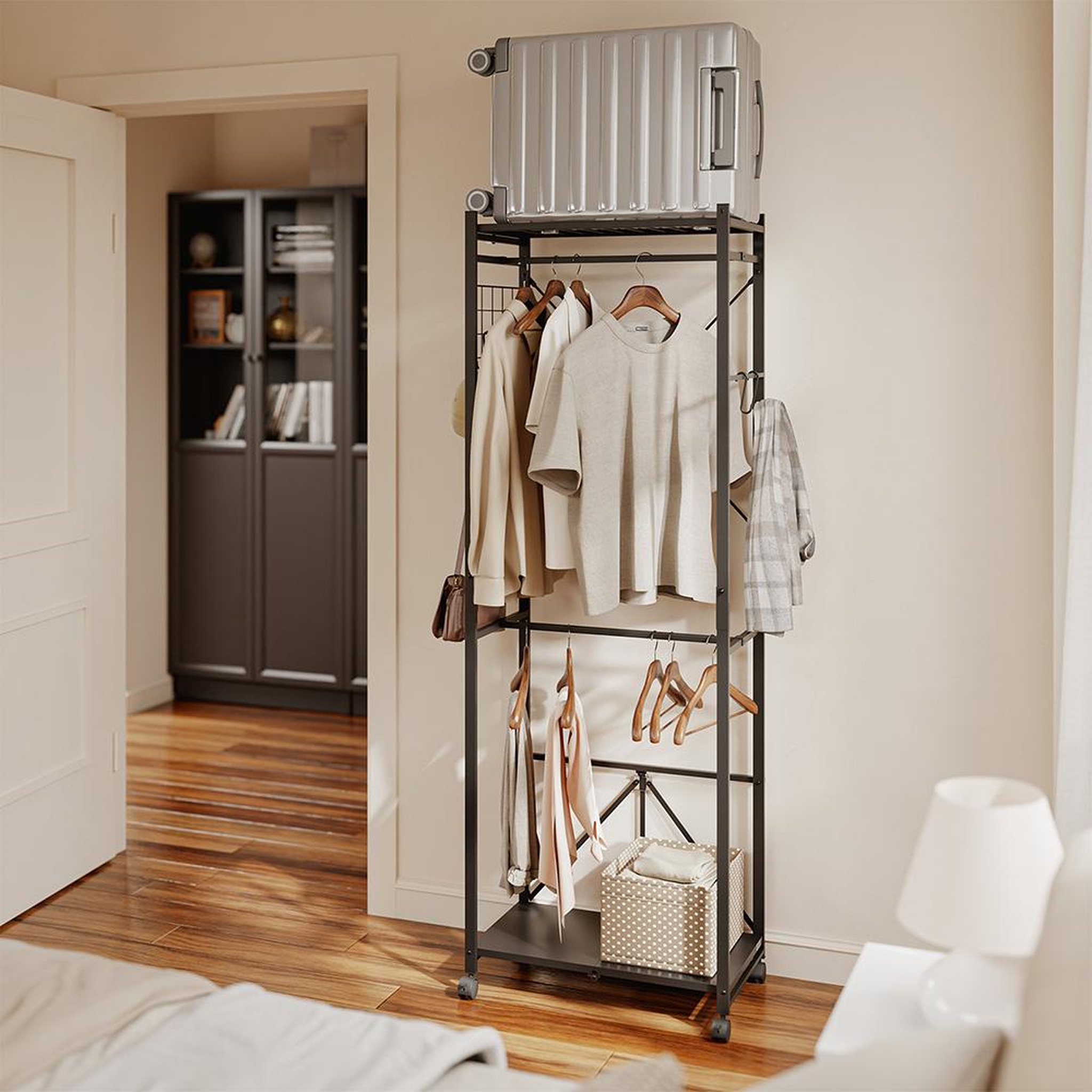 Voir la diapositive 2 : SOBUY Porte-manteaux sur roulettes avec étagère Noir 60x32x175cm KLS21-SCH