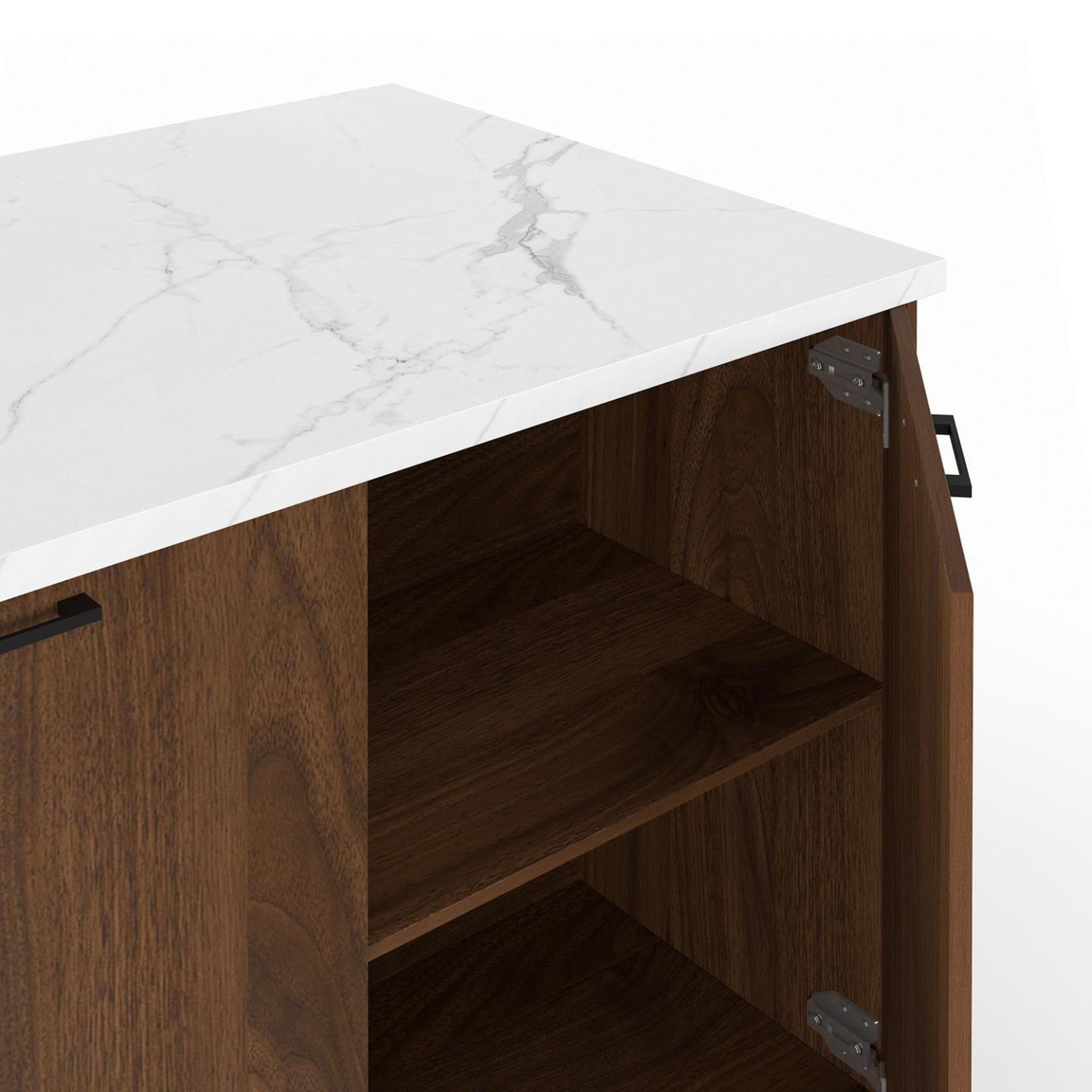 Voir la diapositive 6 : ID MARKET Ilot central tibo 120 cm bois foncé effet noyer avec plan de travail effet marbre alaska