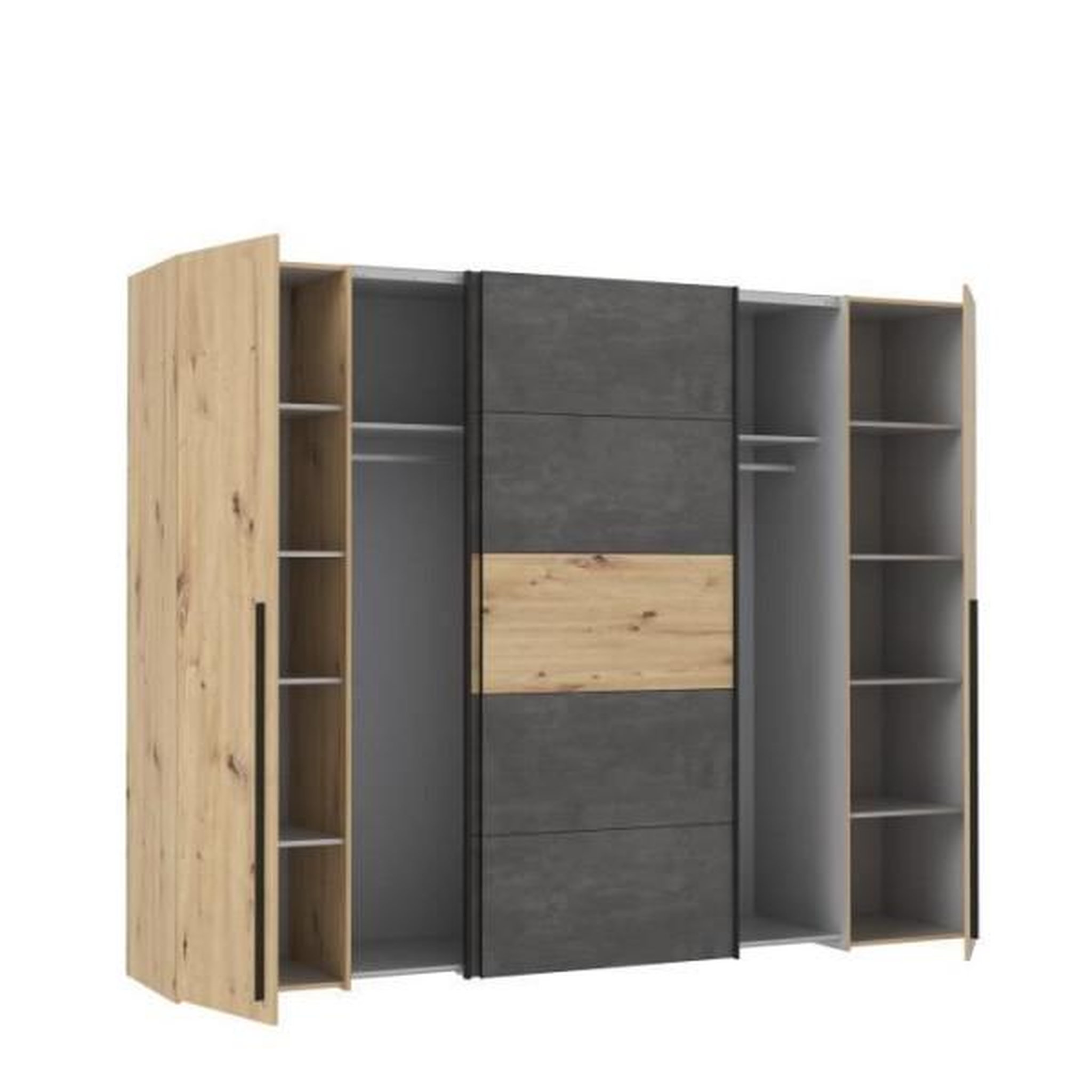 Voir la diapositive 4 : MARKET24 Armoire - Décor chene artisan et béton gris - 2 portes battantes + 2 portes coulissantes - L 270,3 x P 61,2 x H 210 cm - NARAG