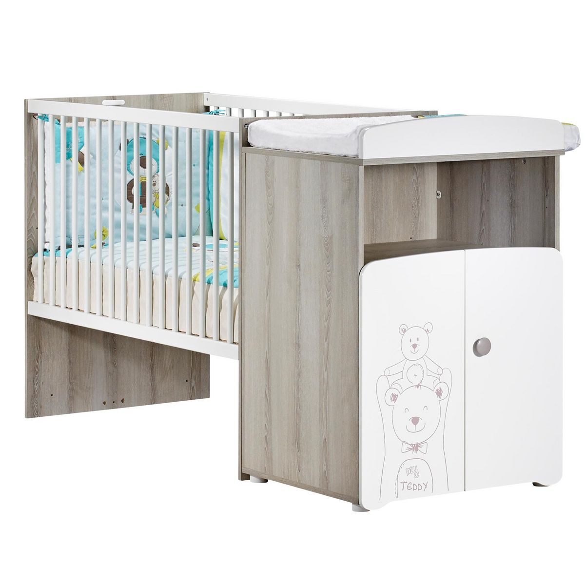 Ensemble Lit bébé combiné 60x120 cm évolutif en 90x190 + armoire TEDDY