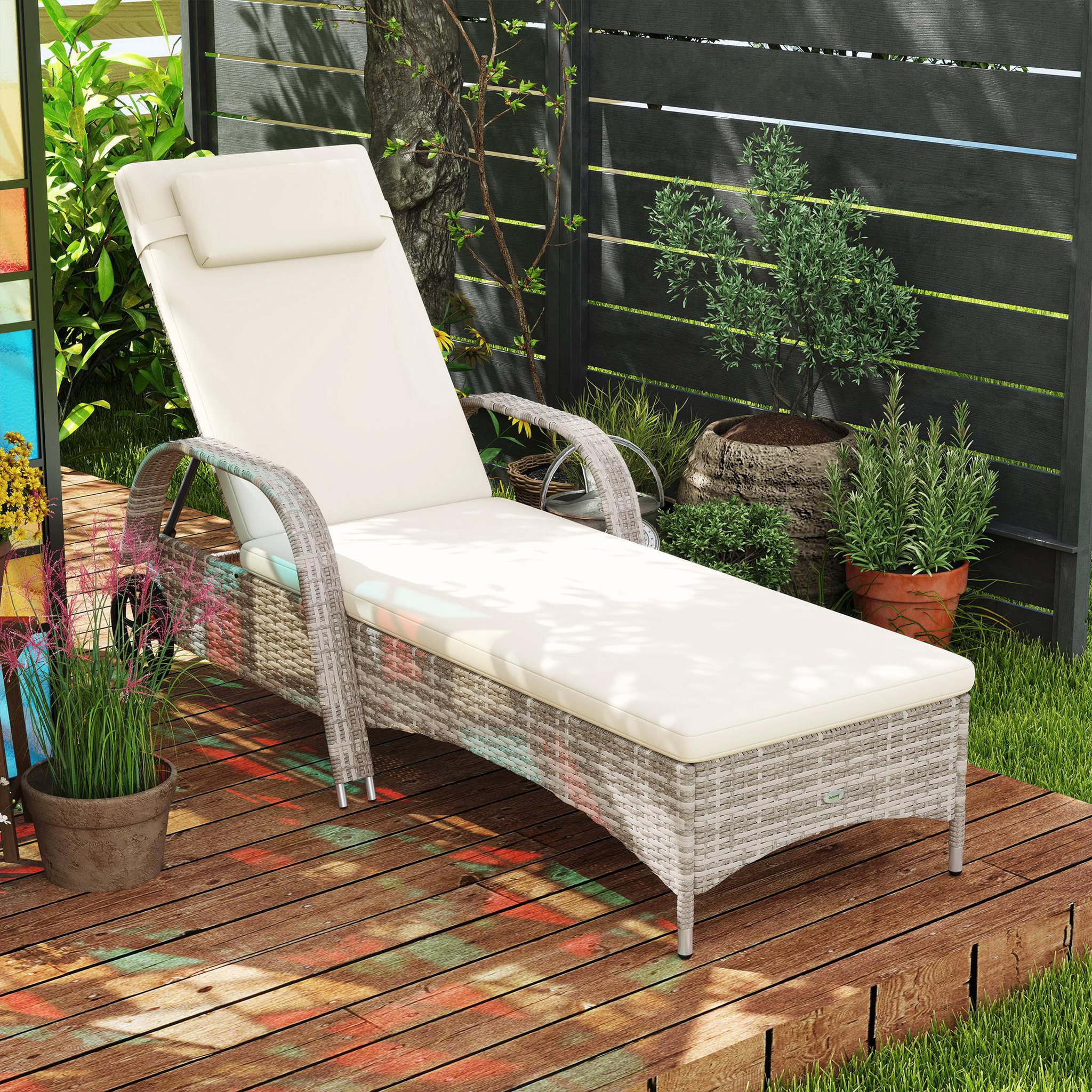 Voir la diapositive 4 : OUTSUNNY Transat bain de soleil grand confort : matelas, têtière, inclinaison réglable multipositions, accoudoirs, roulettes résine tressée gris clair