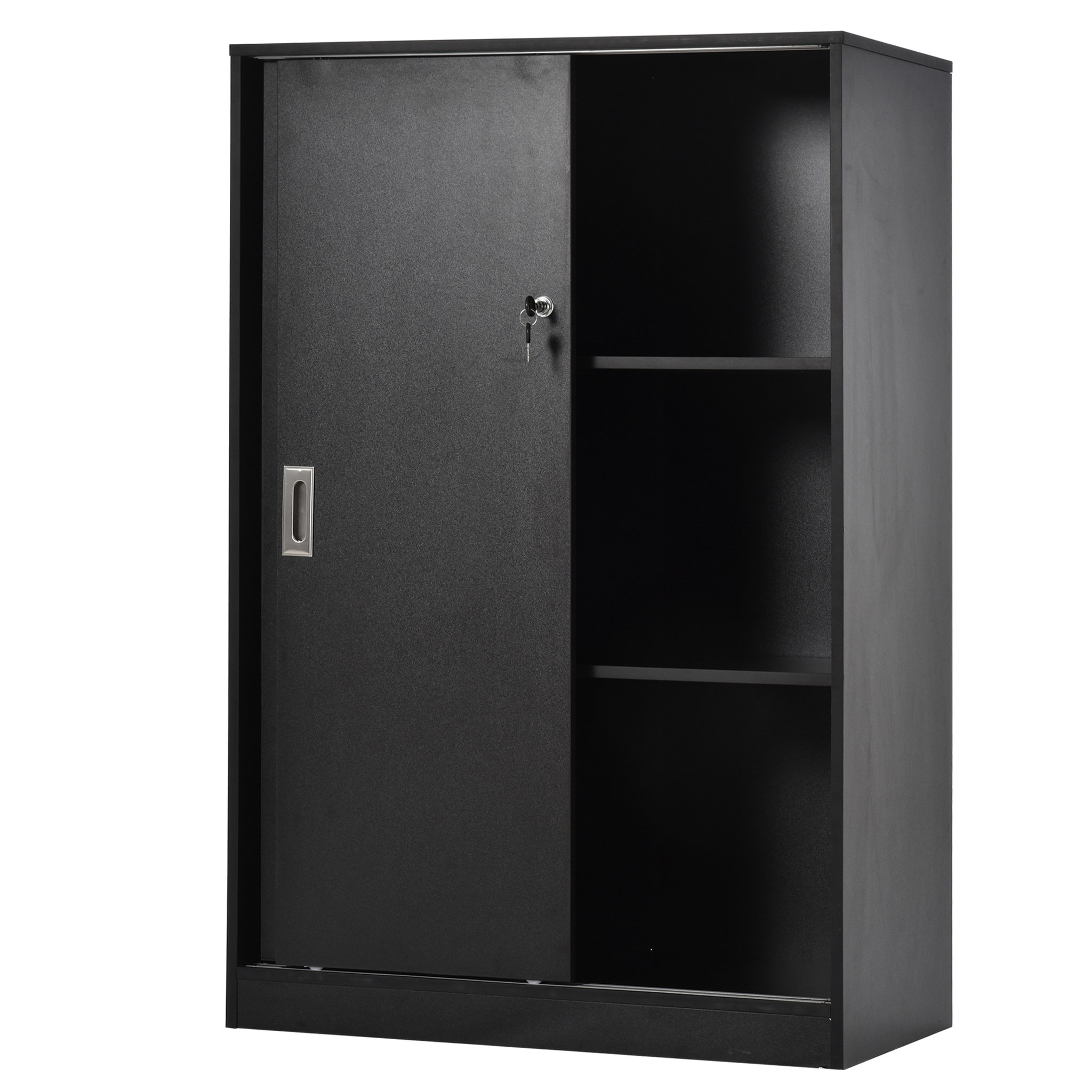 Voir la diapositive 1 : HOMCOM Armoire de bureau 2 portes coulissantes verrouillables dim. 80L x 40l x 120H cm 2 étagères panneaux particules noir