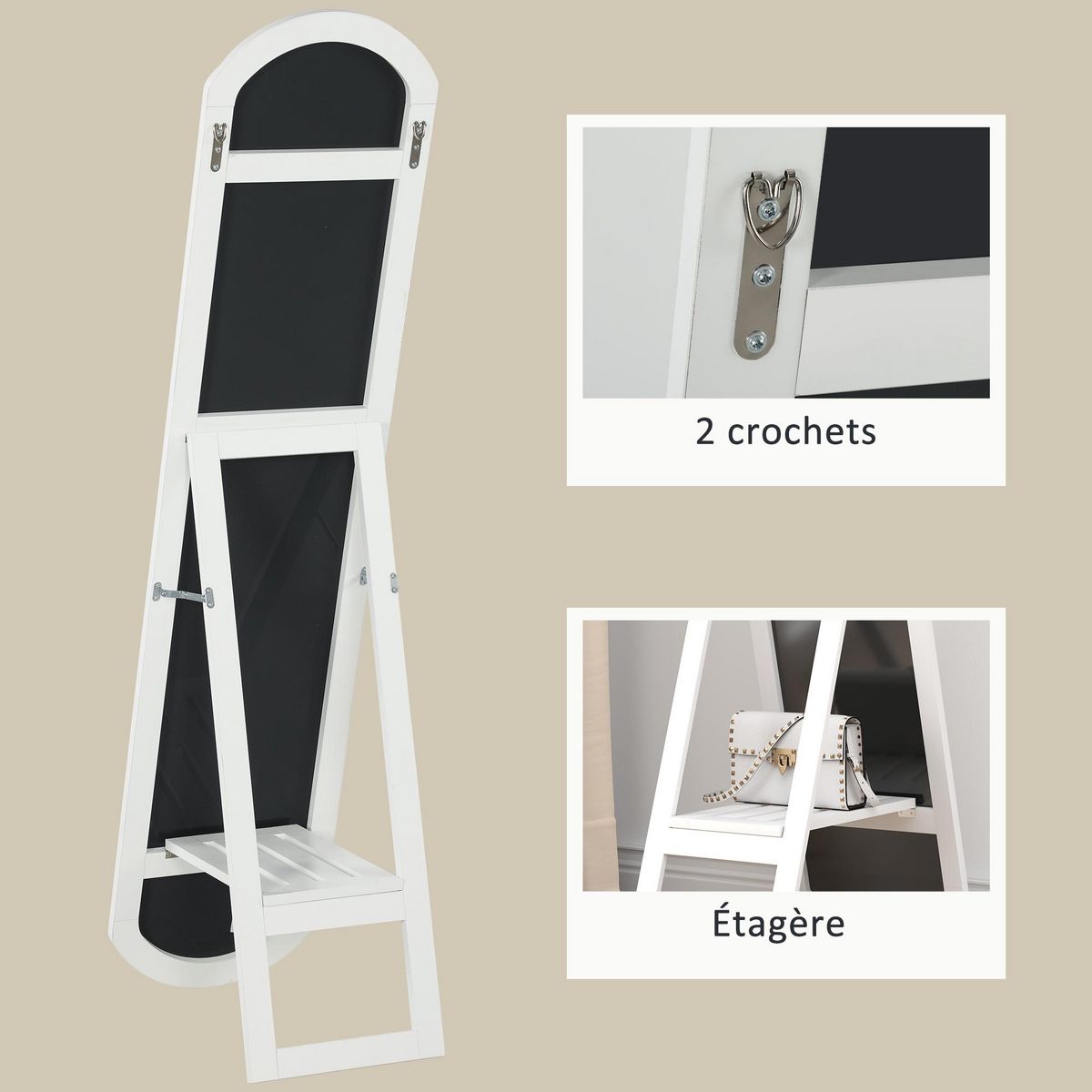 HOMCOM Miroir sur pied ou mural 150 cm avec étagère de rangement, grand miroir arqué pour chambre, entrée ou couloir, blanc