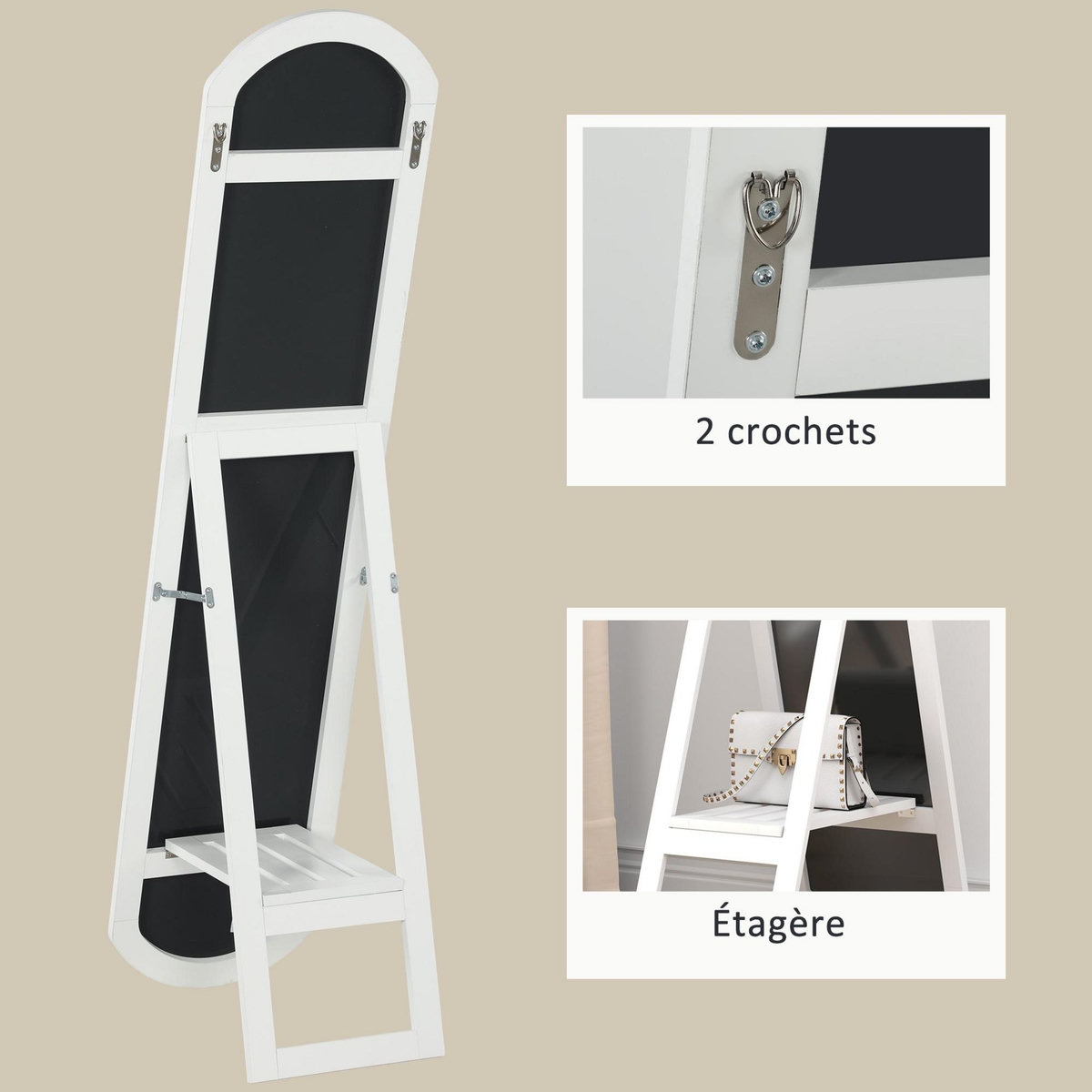 HOMCOM Miroir sur pied ou mural 150 cm avec étagère de rangement, grand miroir arqué pour chambre, entrée ou couloir, blanc